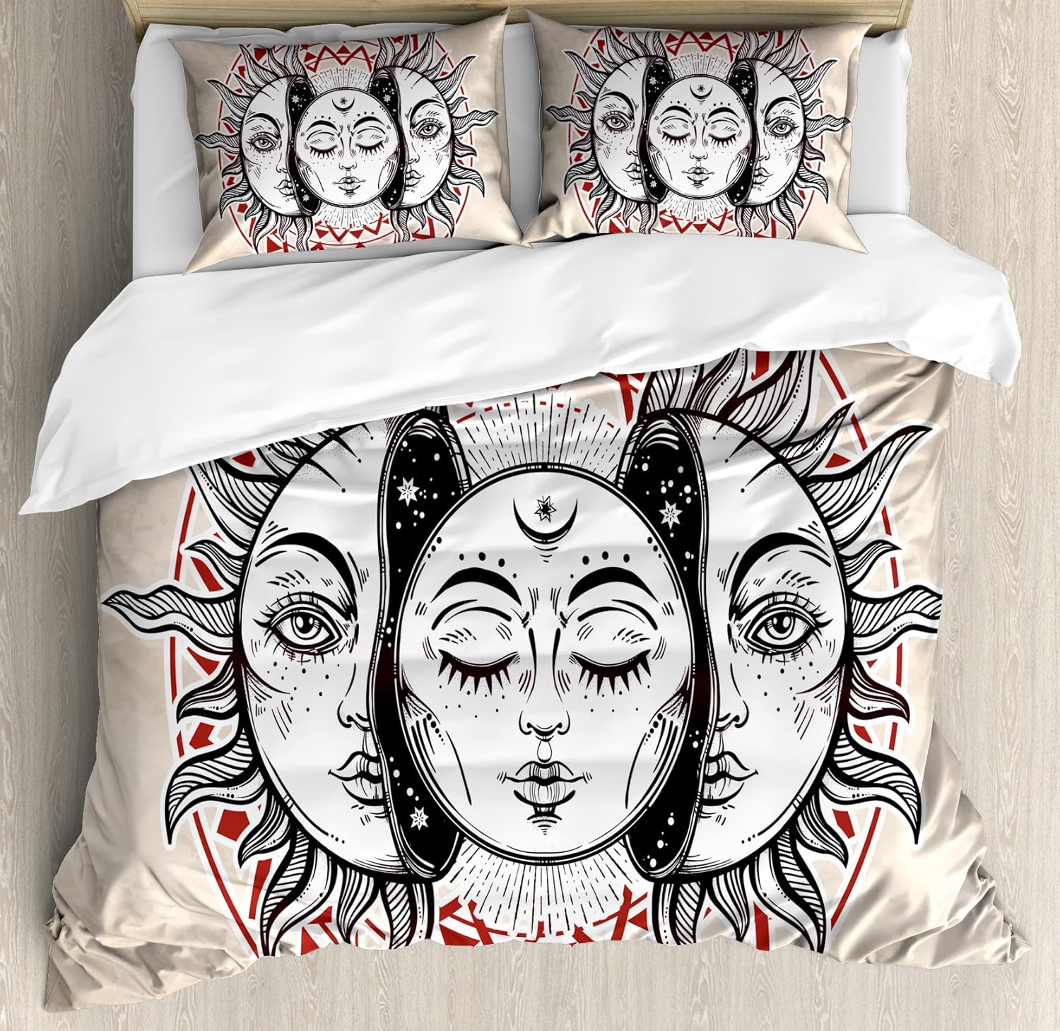 Ambesonne Moon Duvet Cover Set, Oriental Elements with Abstract Style Heavenly Bodies Tattoo Style, Decorative 3 Piece Bedding Set with 2 Pillow Shams, Queen Size, Tan Black Ruby