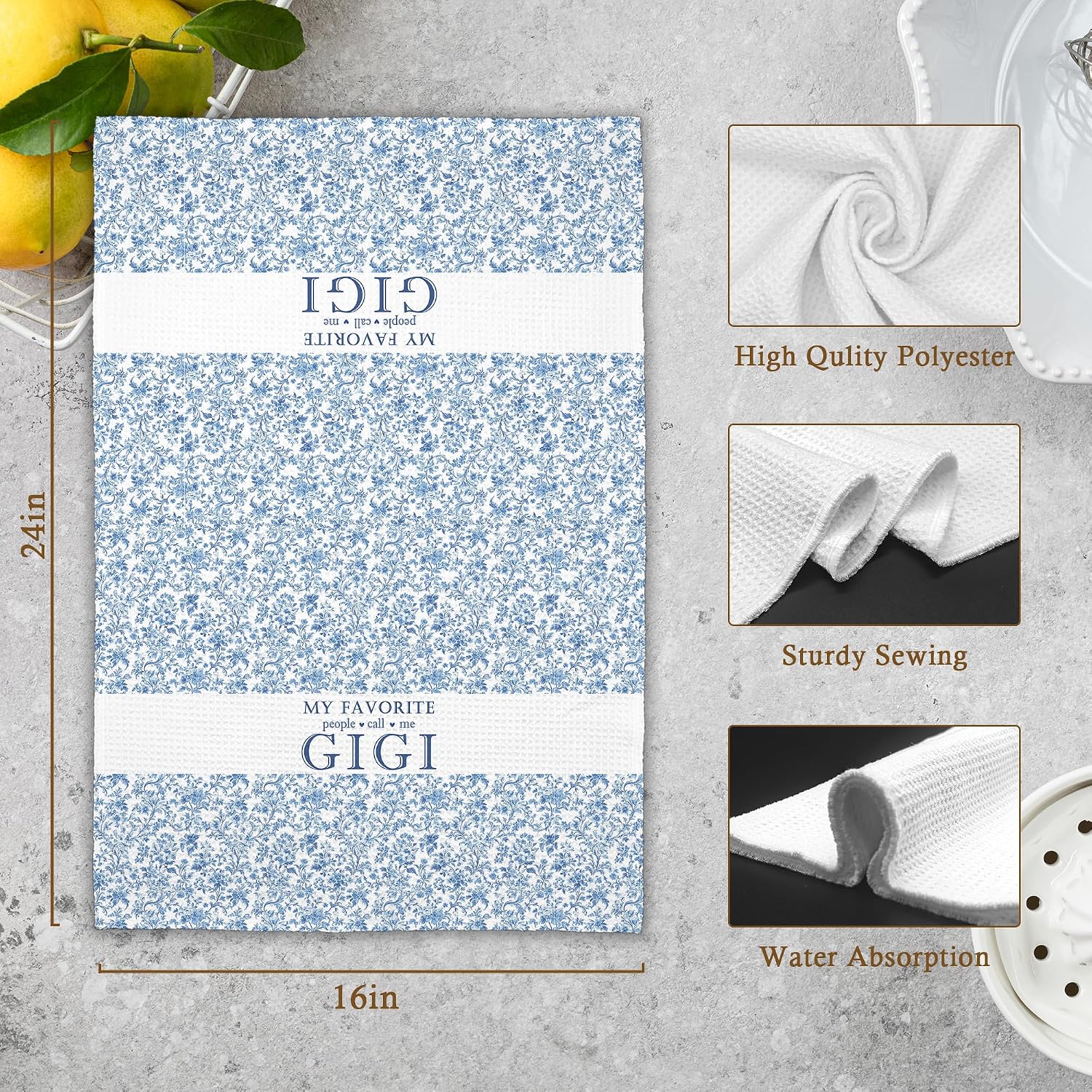 My Favorite People Call Me Gigi Gifts Kitchen Towels, Grandma Bathroom Hand Towels Gifts for Grandmother Mother's Day, Blue And White Porcelain Chinoiserie Floral Tea Dish Towel Decor 16x24in
