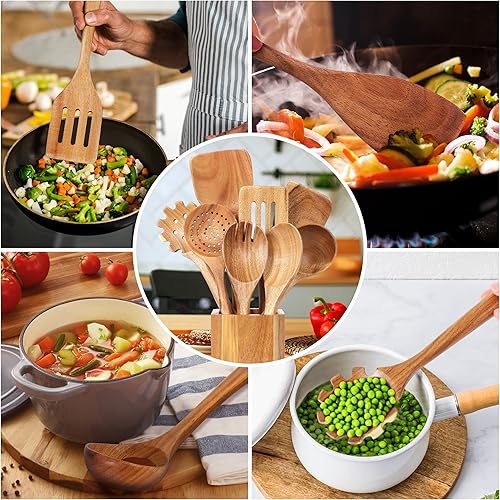 Miniatura 4 de Juego de cucharas de cocina con soporte KINGSOW 9 cucharas de madera para utensilios de cocina antiadherentes