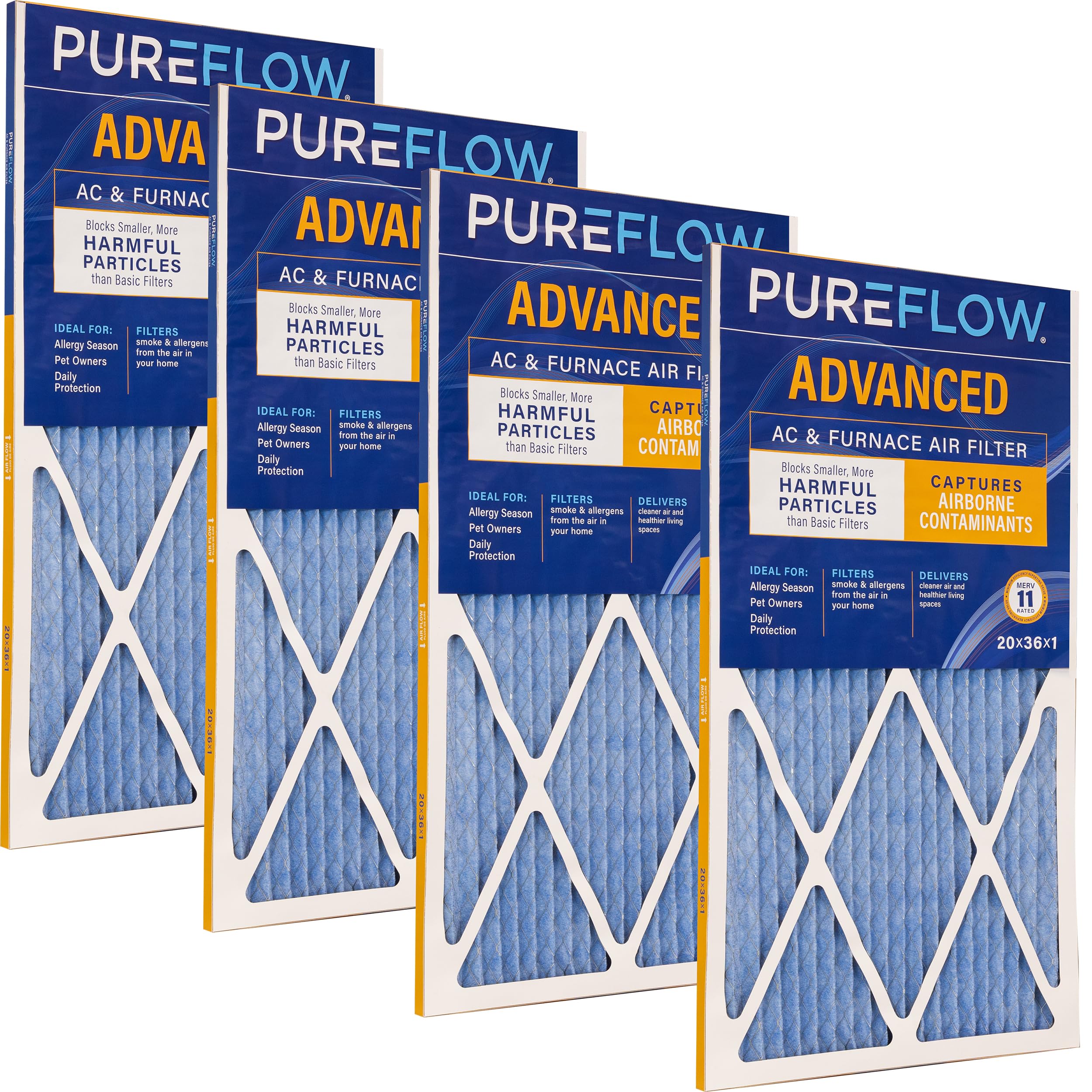 PUREFLOW Home Air Filter MERV 11, 20x36x1 Furnace Filter, 4 Layer High Efficiency Filtration for Dust, Smoke, Fumes, Pollutants (4-Pack)