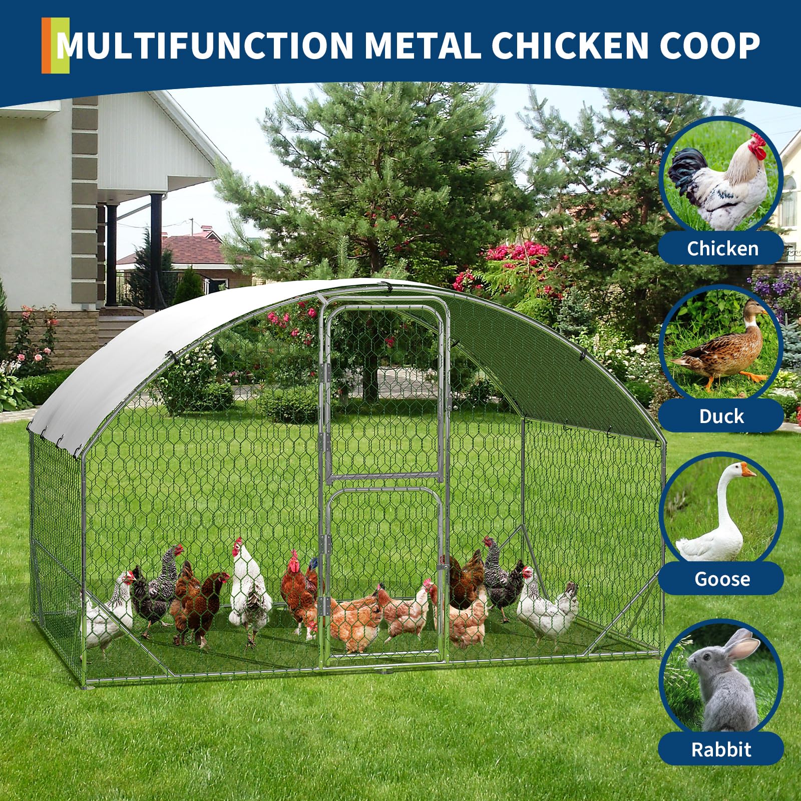 Garvee Gallinero Exterior Grande de Metal 3x2x2m, Jaula para Aves con Estructura de Acero Galvanizado Reforzado de 0.8mm, Recinto de Corral con Cubierta Impermeable y Anti-UV, Doble Puerta con Cierre
