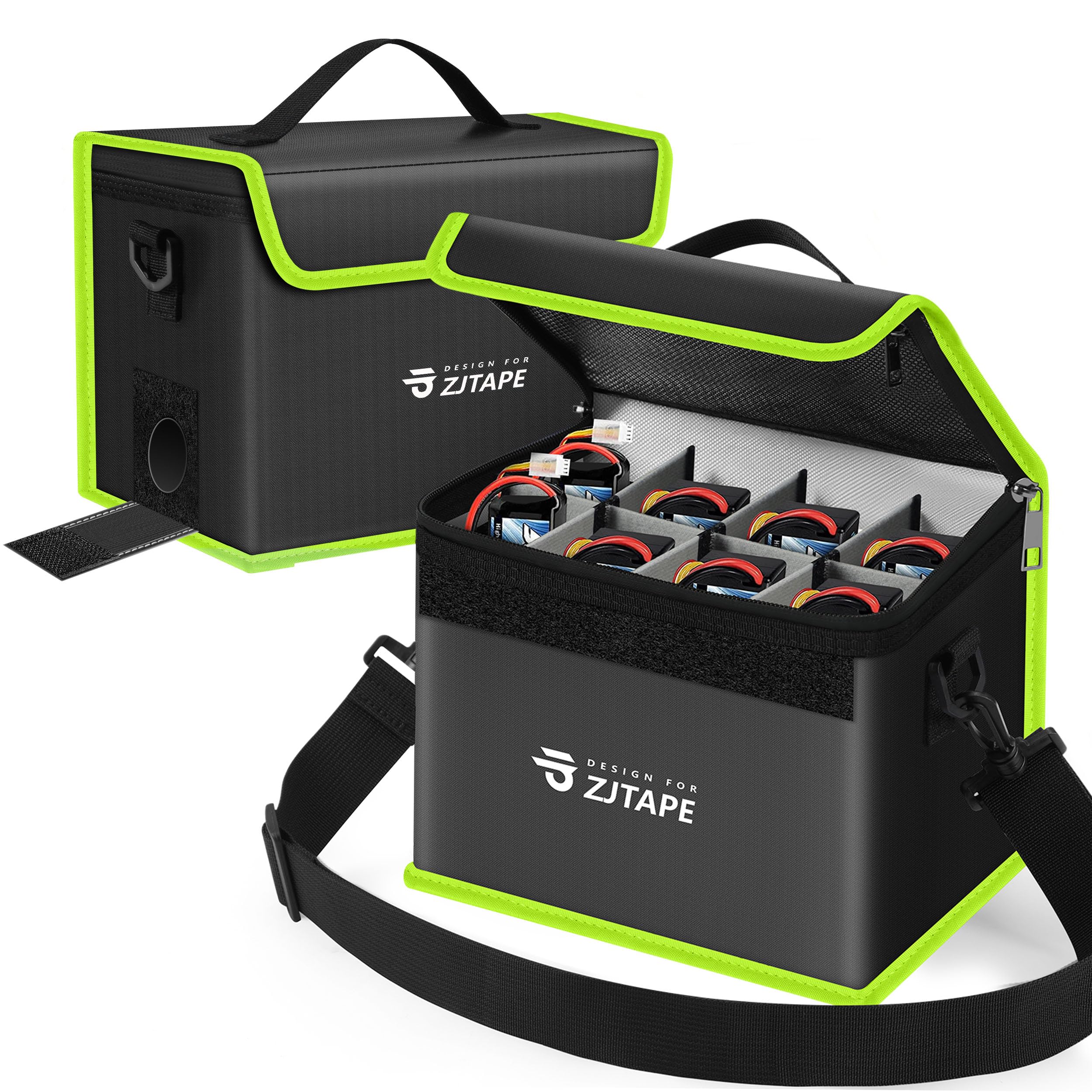 ZJTAPE Lipo Safe Bag, Fireproof, Explosion-Proof Battery Storage Box, Large Storage Space, Adjustable Battery Bag (Black, Green)