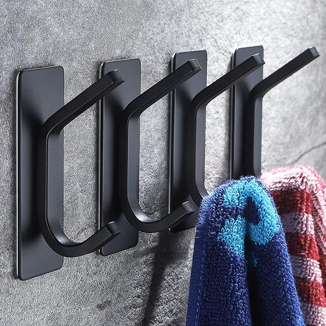ZUNTO Black Adhesive Hook - Self Adhesive Hook/Coat Sticky Hooks for Kitchen Bathrooms (4 Packs)