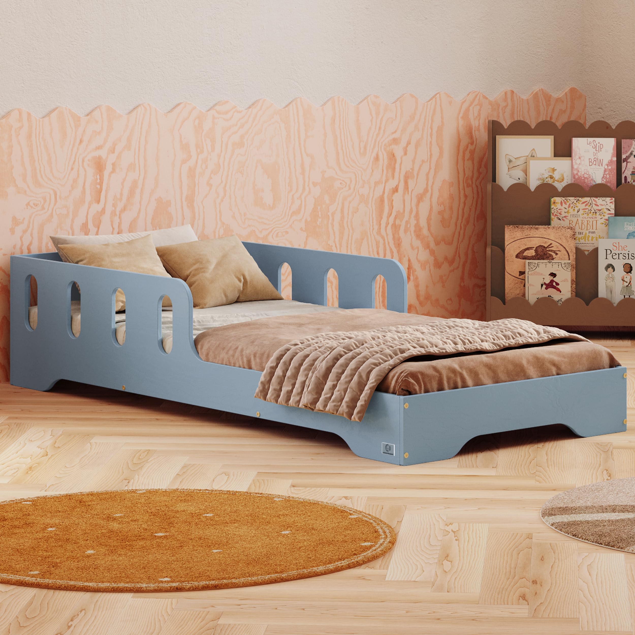 smartwood Cama Montessori 80x160 cm Azul - Cama Infantil de Madera con Certificado FSC, con Barrera Anticaídas y Somier Flexible para 230 kg - para Niño y Niña - Montaje Sencillo - TILA 6 The Forest Stewardship Council