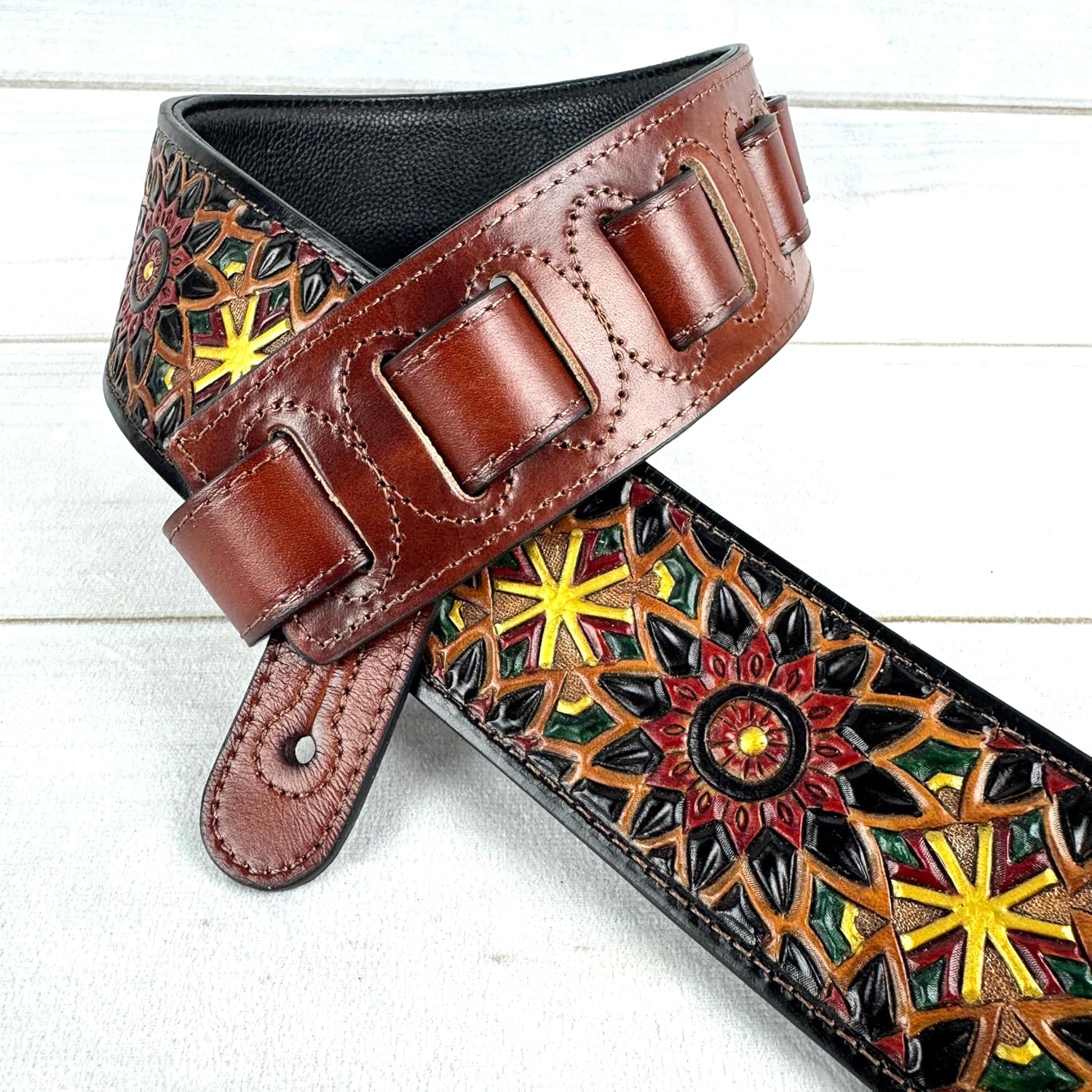 Walker & Williams LIH-2 Black And Brown Hand Carved Premium Leather Guitar Strap With Gold Earth Zodiac Star Design And Premium Padded Back For Acoustic, Electric, And Bass Guitars