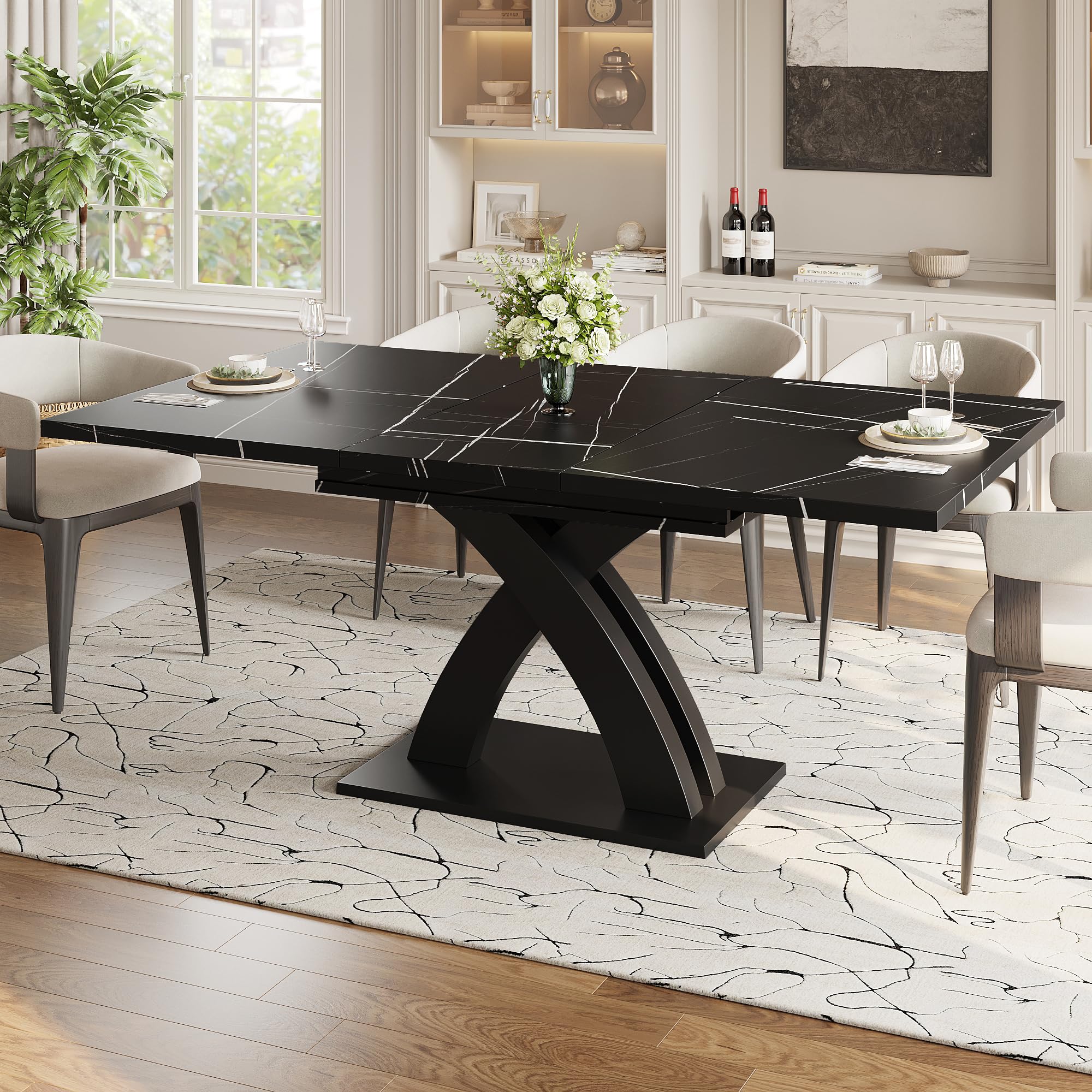 Esstisch Ausziehbar mit X-Förmige Tischbeine für 4-6 Personen, Esszimmertische Küchentisch mit Unverwechselbare Muster, Esstisch Holz Esszimmertisch Ausziehbar, 120-160x80x76 cm, Schwarz