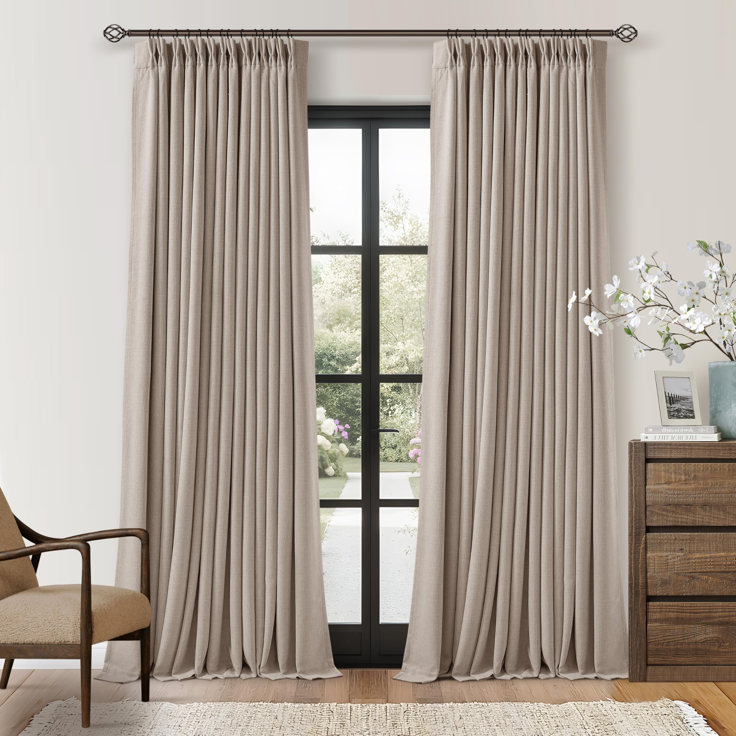 Burlywood Greige Pinch Pleated 100% Blackout Linen Curtains 86 Inch Length 2 Panels Set Pinch Pleat Curtains Black Out Light Blocking Room Darkening Drapes with Liner for Bedroom Living Room Window — image 1