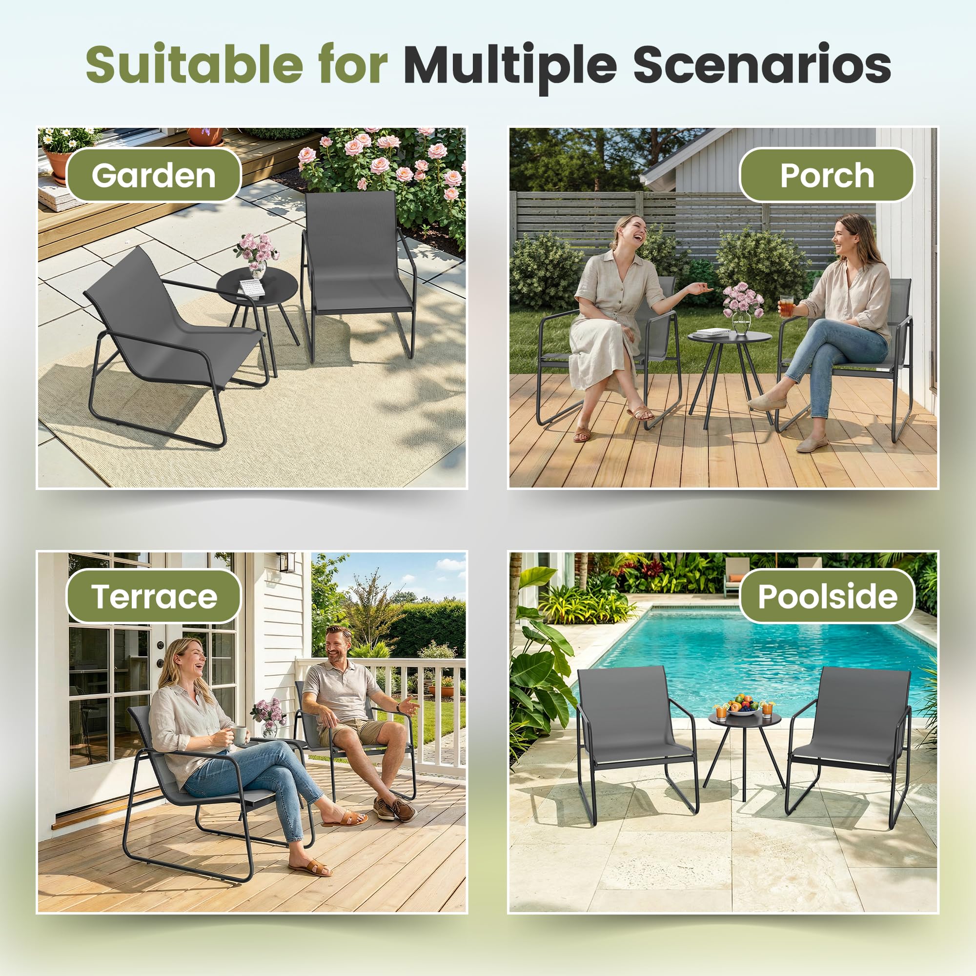 Pamapic Set Tavolo e Sedie da Giardino da 3 Pezzi, Set da Bistrò con Tavolo e 2 Sedie, Tessuto Textilene Traspirante, Salotto da Giardino Esterno, Set da Esterno, Balcone, Bistrot, Veranda, Grigio