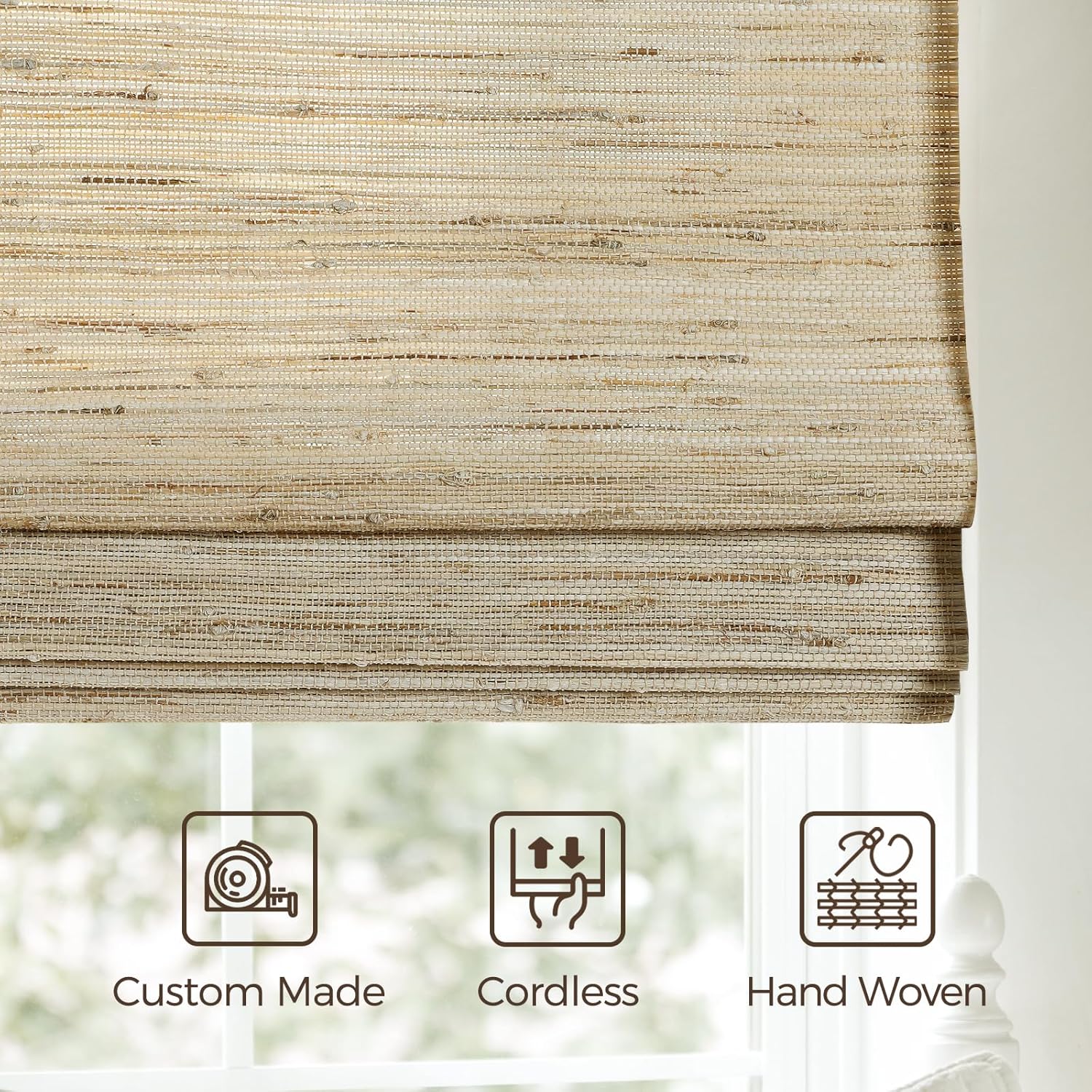 TWOPAGES Woven Bamboo Cordless Roman Shades, Custom No Drill or Motorized Blinds with Remote for Indoor Windows, Beige
