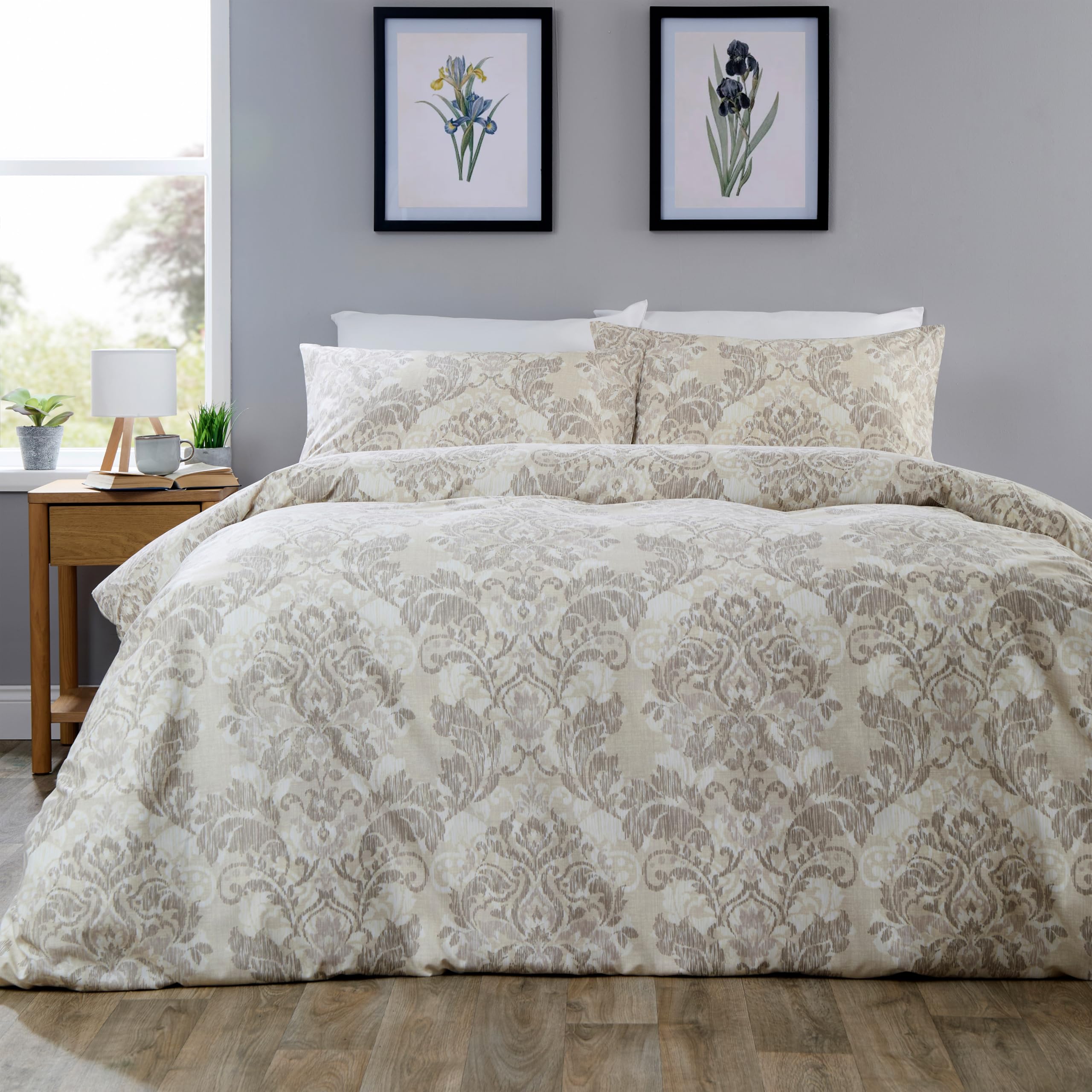 Olivia Rocco Easy Care Printed Duvet Cover Set 100% Microfibre Polyester Breathable Stylish Comforter Reversible Quilted Bedding Bed Sets With Pillowcases, Regal Damask - Natural - Single — image 1