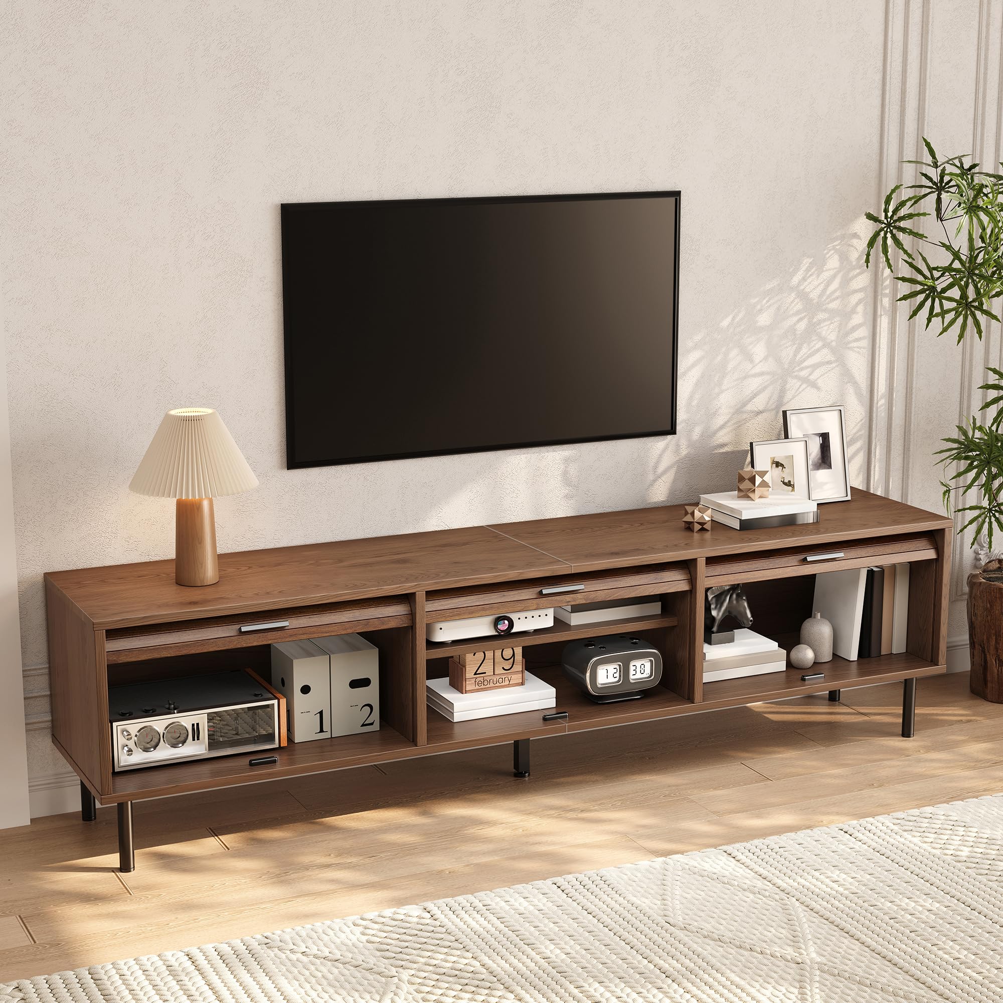 Mobile TV basso con 3 ante scorrevoli e 5 piedi, 180 cm, noce
