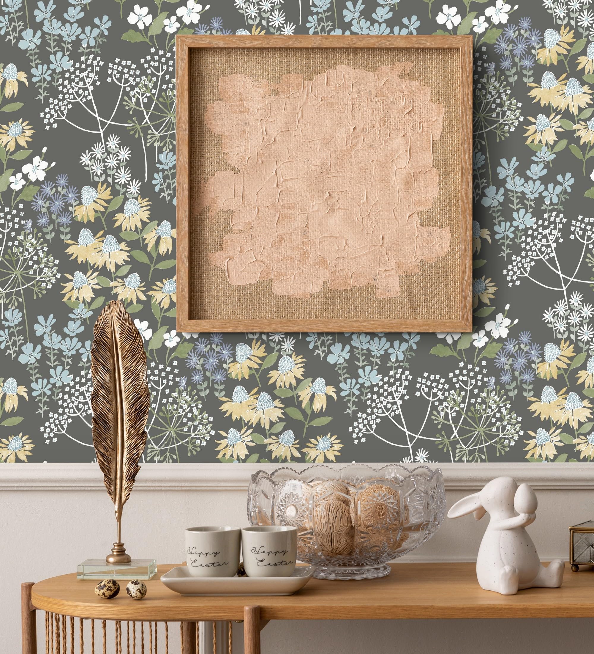 Papier peint fleurs sauvages colorées gris foncé salon cuisine chambre 10m
