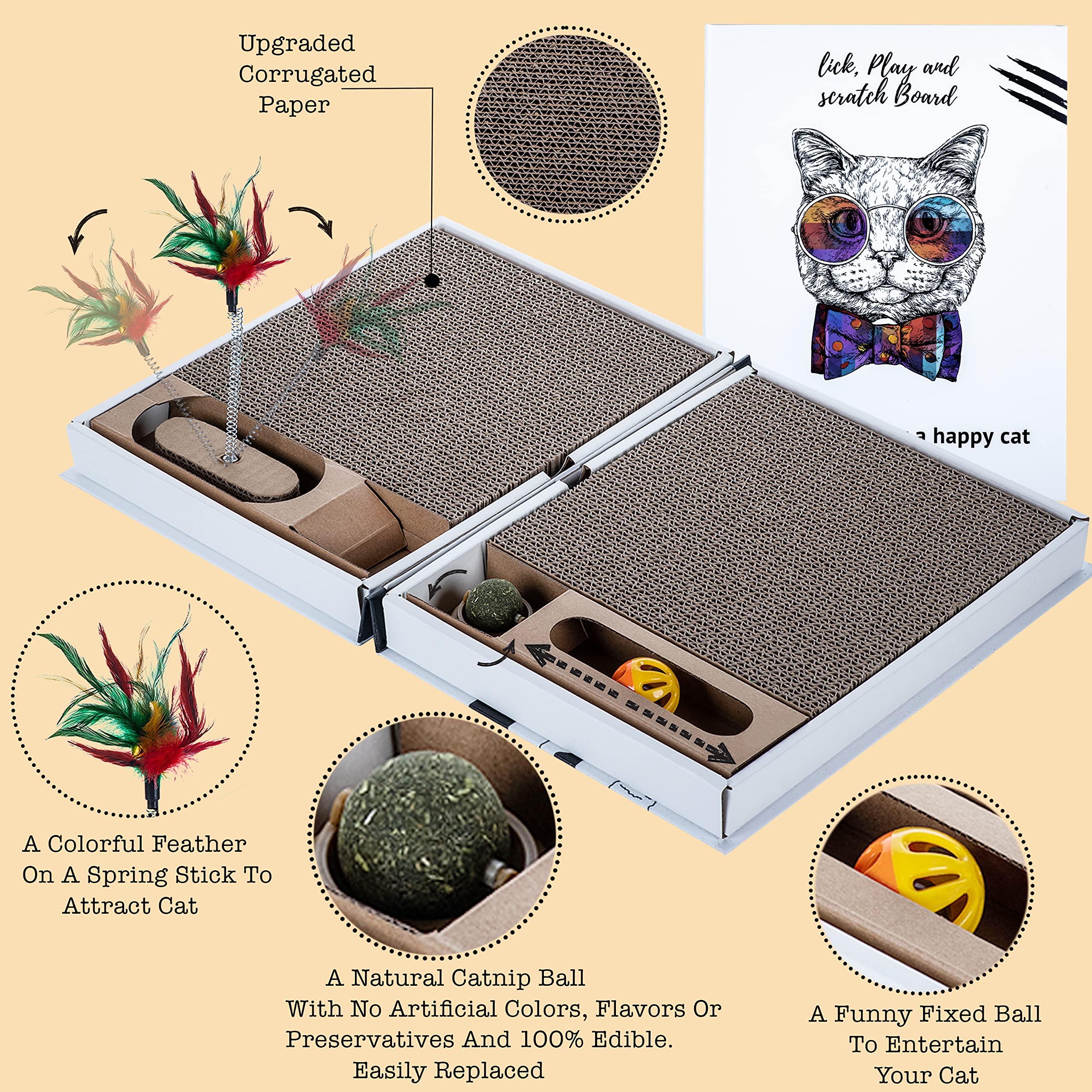 Almohadilla rascadora para gatos todo en uno y área de juego, plegable y fácil de almacenar cartón en forma de libro con 2 piezas reversibles y reemplazables, almohadilla densa para rascar