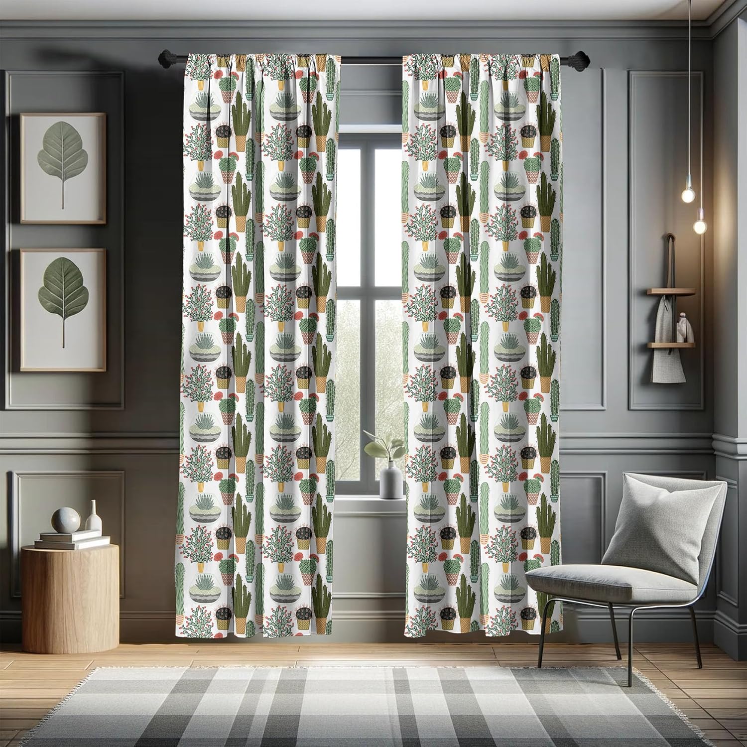 Ambesonne Cactus Window Curtains, Pattern with Succulent Plants and Cactuses in Pots Botanical Floral Mexican Garden, Lightweight Decor 2-Panel Set with Rod Pocket, Pair of - 28" x 84", Green White