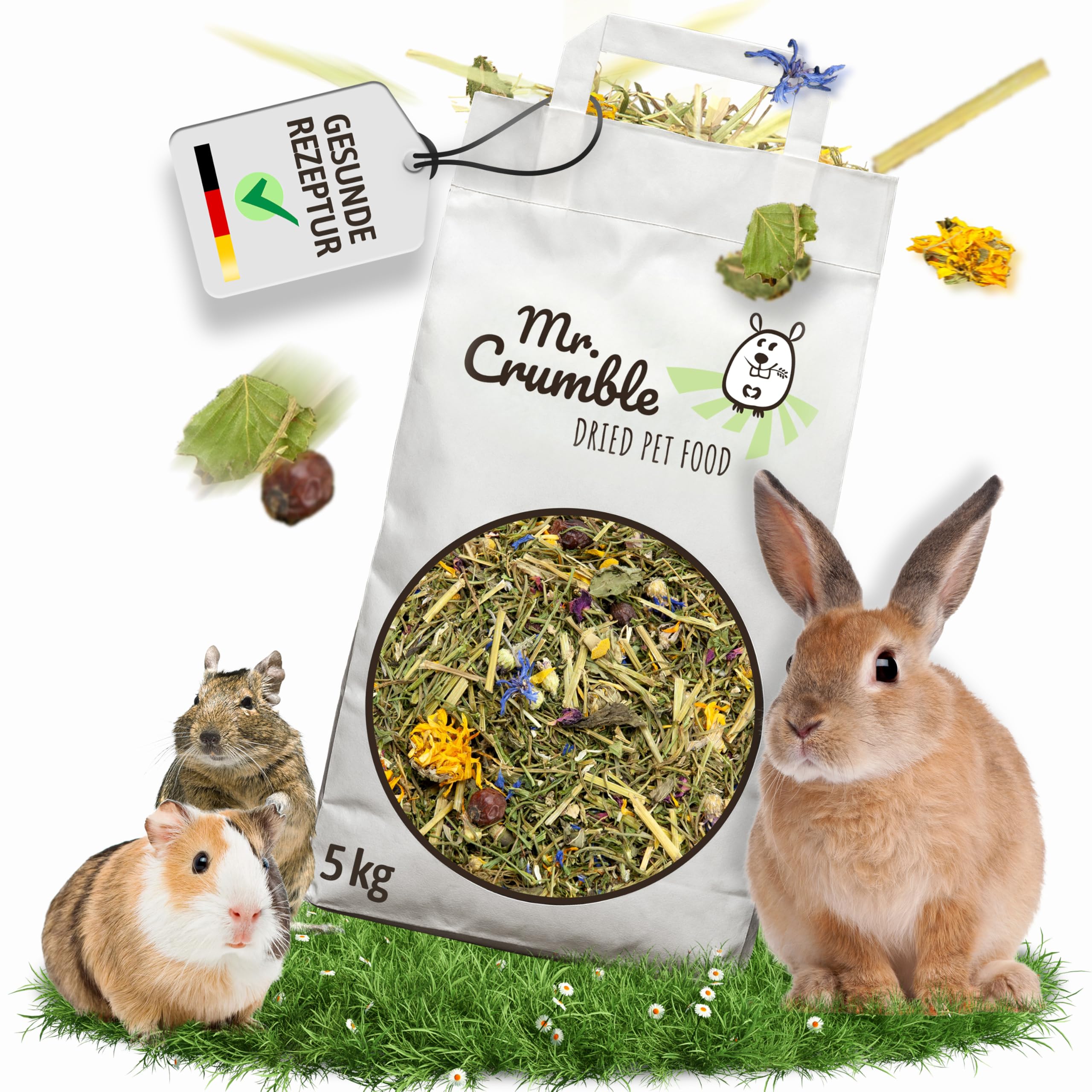 Mr. Crumble Struktur-Futter Wildwiese 5 kg – Getreidefrei & Pelletfrei – mit Kräutern & Blüten – hoher Rohfaseranteil für Verdauung & Zahnpflege bei Kaninchen, Chinchillas, Meerschweinchen & Degus