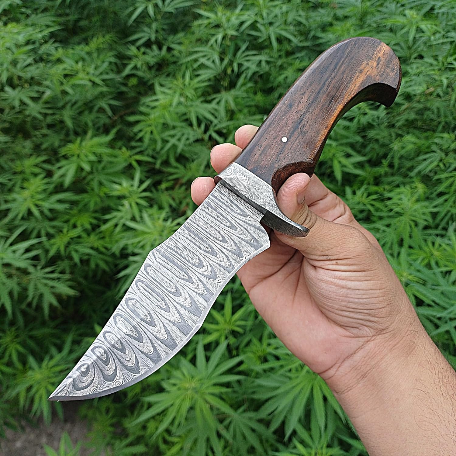 Damascus Steel Hunting Knife Fixed Blade with Horizontal Carry Leather Sheath