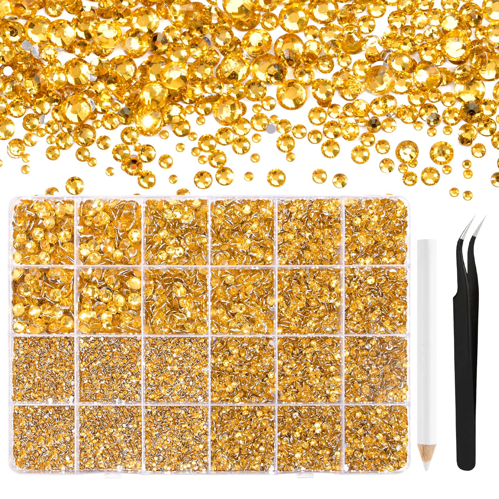NACHLYNN 36000 Stück Strasssteinen aus Kunstharz 2-6mm Gold Flache Runde Jelly Strasssteine Geeignet für Nailart Gesichtsbemalung Kostüme und Andere DIY-Kreationen (Mit Pinzette)