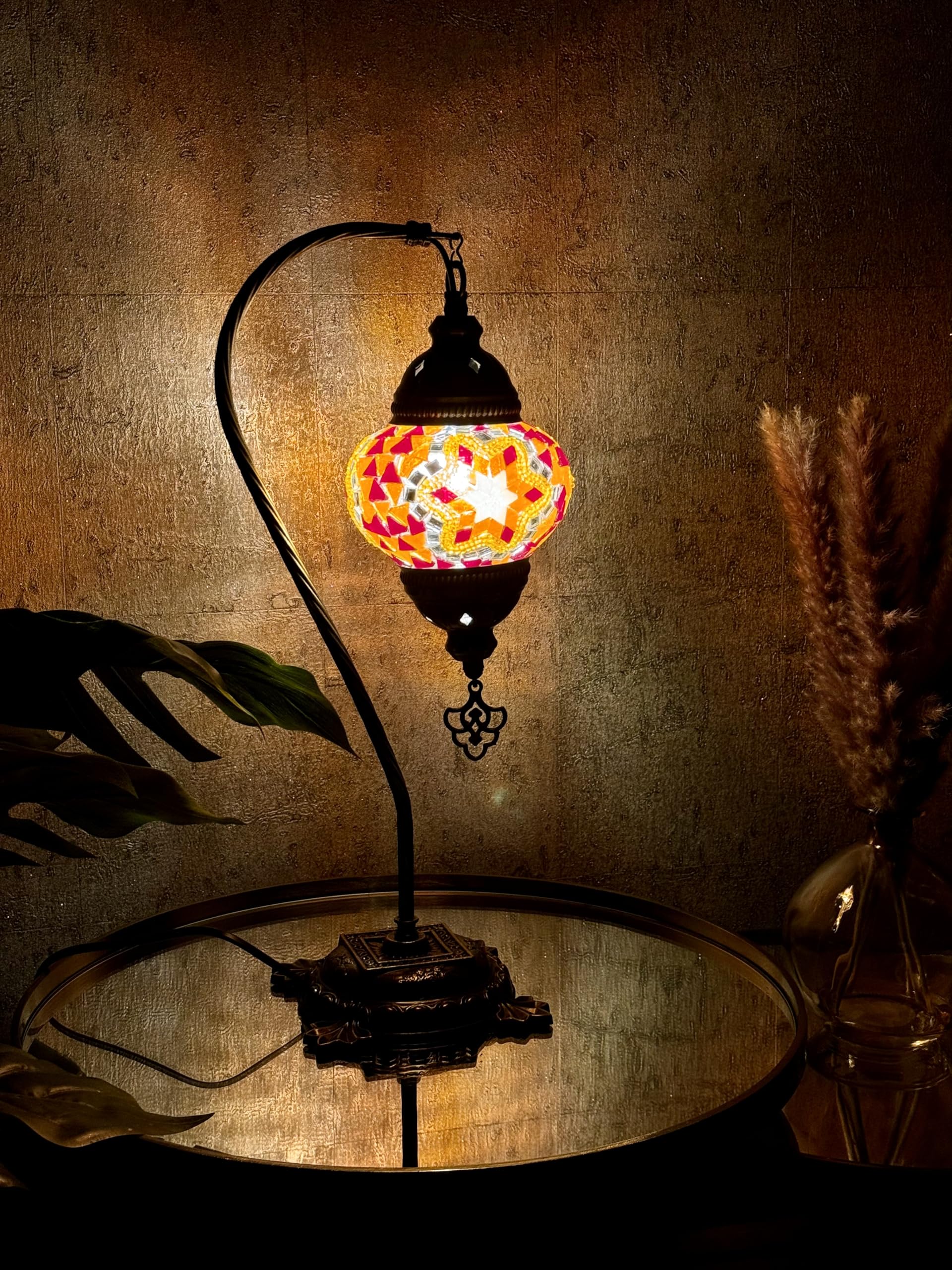 Lightza Handmade Turkish Moroccan Mosaic Desk Lamp LED Bulb | Swan Neck Unique Globe Lampshade Table Light | UK Tested Safe Energy Efficient (Red Flower) โ image 1