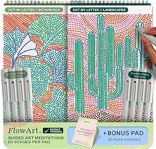 Lifelines FlowArt Activity Pad, 2-Pack & Bonus Pad - Guided Dot-by-Letter Art Meditations with Markers - Color by Number/L...