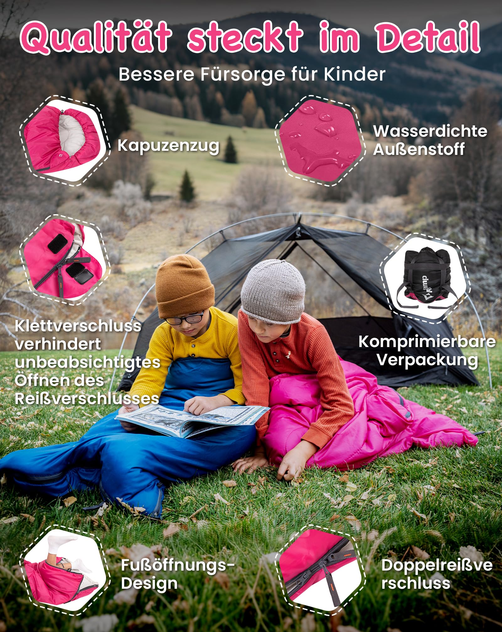 KingCamp Kinderschlafsack 3 Jahreszeiten Deckenschlafsack für Kinder 100-140cm Leicht Warm für Camping und Wandern mit Tragetasche