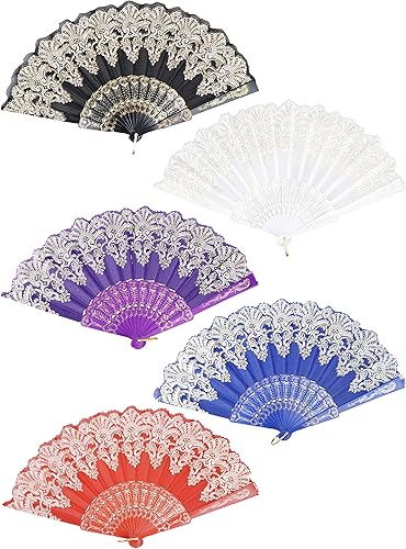 Abanico plegable español, ventilador de mano vintage, 5 unidades, patrón retro tradicional, marco de plástico de tela para boda, fiesta de baile (5
