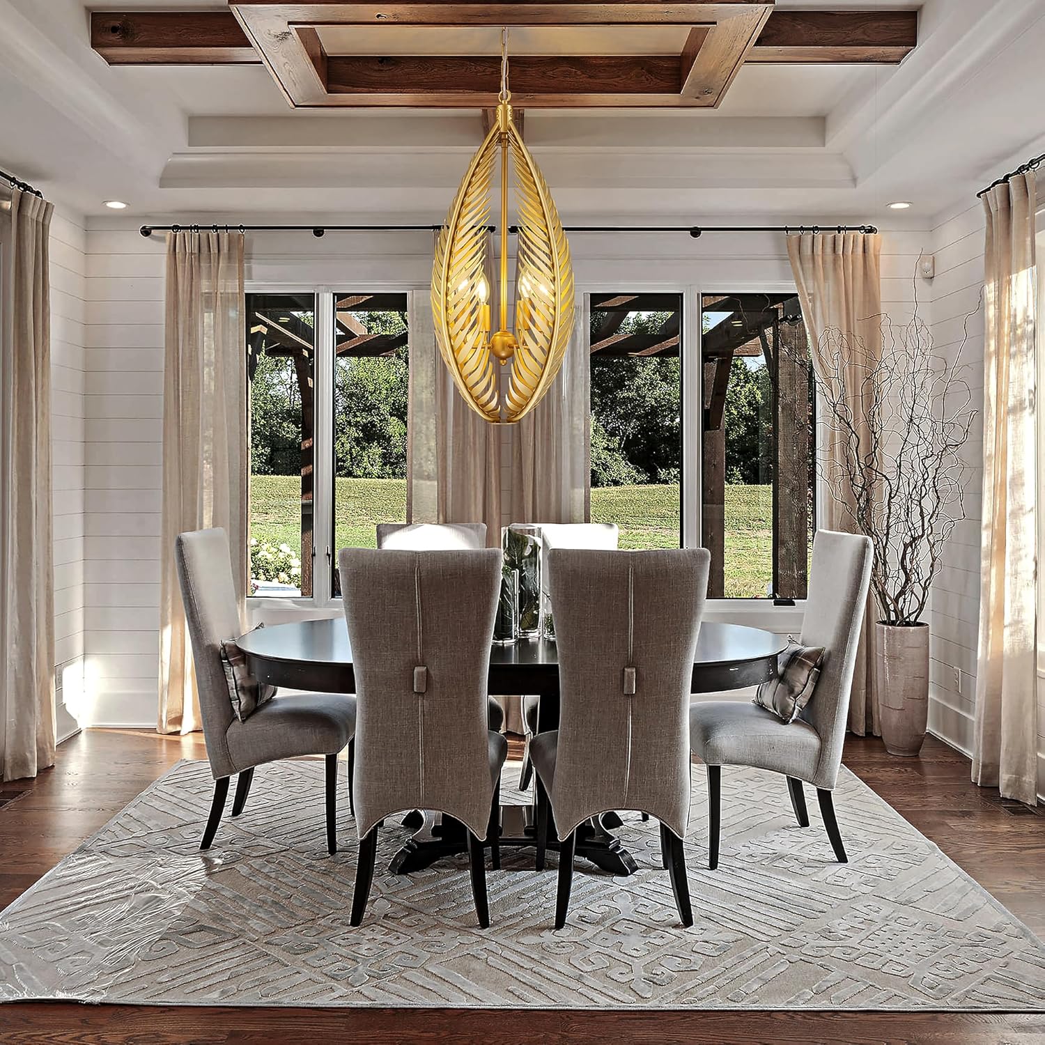 Wellmet Gold Modern Chandelier, 4 Lights Farmhouse Leaves Pendant Light Fixture, Adjustable Hanging Ceiling Lighting for Dining Room, Living Room, Bedroom, Kitchen Island, Entryway, Foyer
