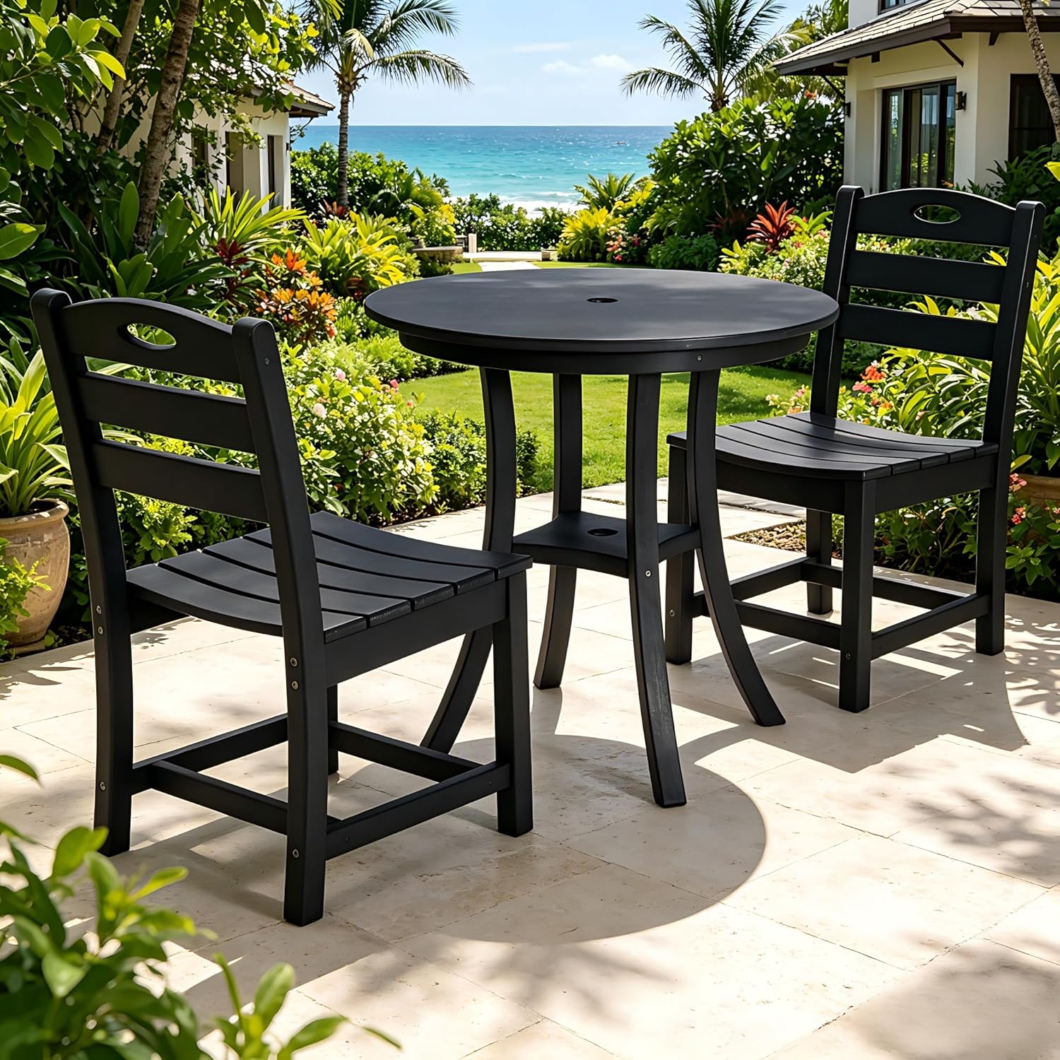 Balcony Adirondack Chairs and Table 3 Pieces Set, Bar Chairs Set of 2 and 29.72"W Round Bar Table Outdoor Bar Stools Set Patio Dining Set Weather Resistant HDPE for Bistro, Poolside, Backyard Black