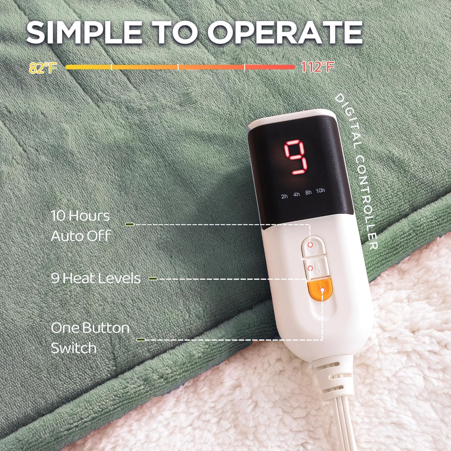 Heated Blanket Twin Size - Single Controllers Electric Blanket Twin with 9 Heat Settings & 10 Hour Auto Off,Overheat Protection,Machine Washable 62"x84" (Lake Green) - Image 2