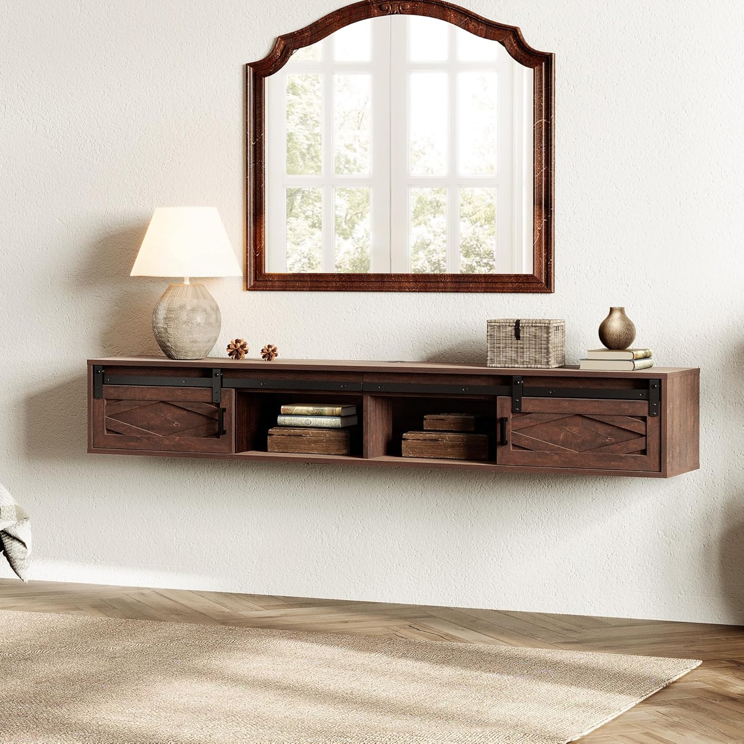 WAMPAT Floating TV Stand for TVs up to 80 Inch, Wood Entertainment Center with Charging Station, Sliding Barn Door Floating TV Shelf for Living Room,Rustic Brown