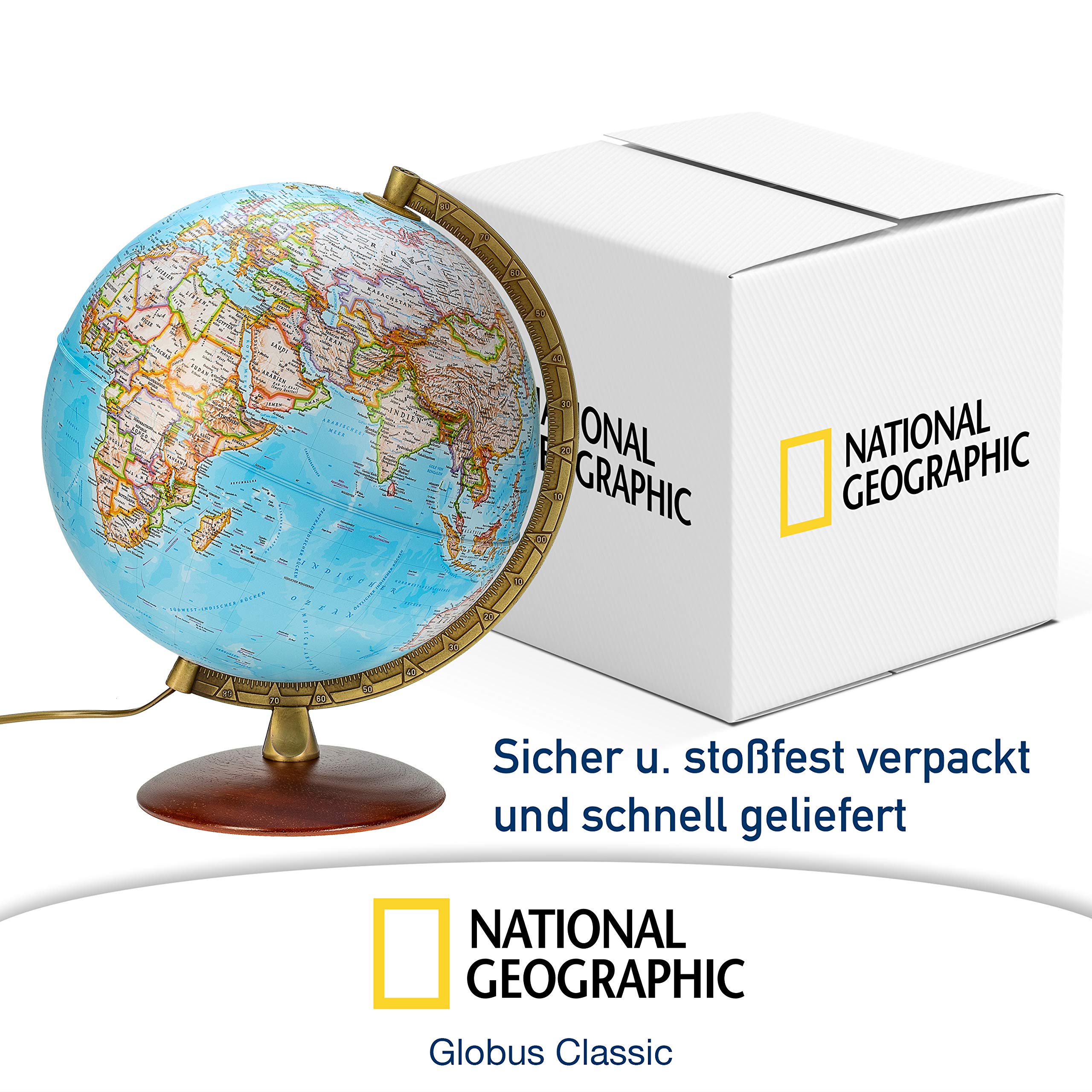 National Geographic - Leuchtglobus im klassischen Stil - 30cm Globus mit stabilem Standfuß und Metall Meridian, Kartenbild 2026 physikalisch/politisch mit LED Leuchte, aktuelles deutsches Kartenbild