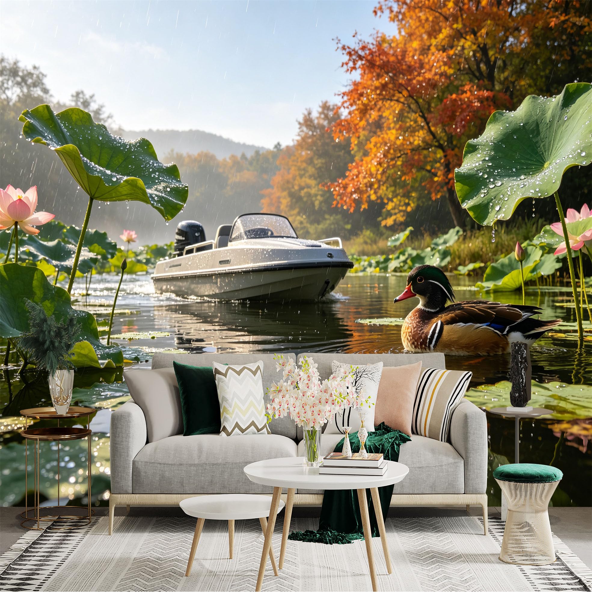 Custom Size Wall Sticker Mural， Scenic Lake with Motorboat， Vibrant Autumn Forest， Floating Lotus Leaves， Peaceful Waterfowl， for wall Decoration， peelandstick wall Decals.