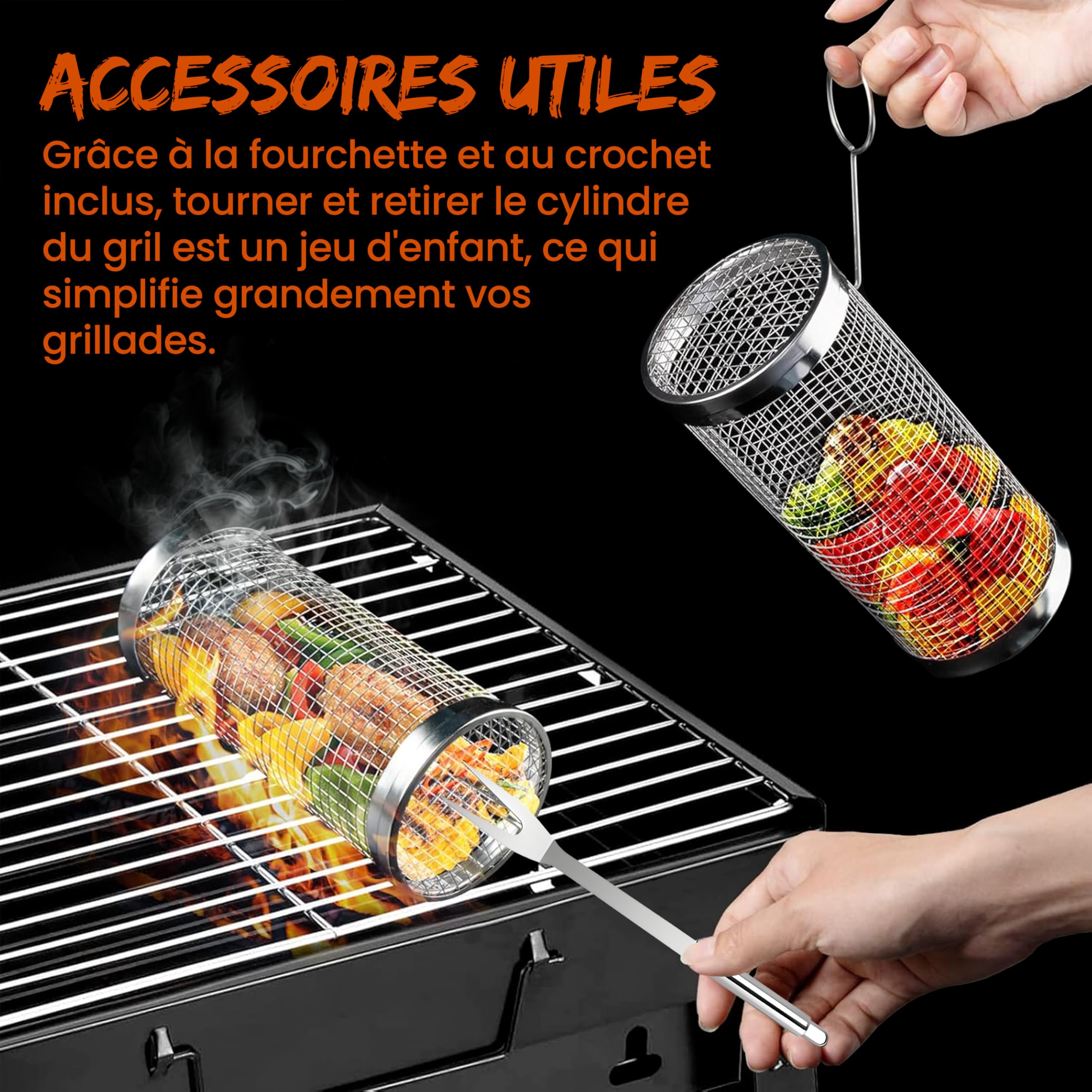 AVOID Panier à Griller Roulant - Panier Barbecue Cylindrique Enroulable en Acier Inoxydable - Accessoires Barbecue pour BBQ Grill Extérieur, Cadeau de Vacances (Silver, 20cm X 10cm)