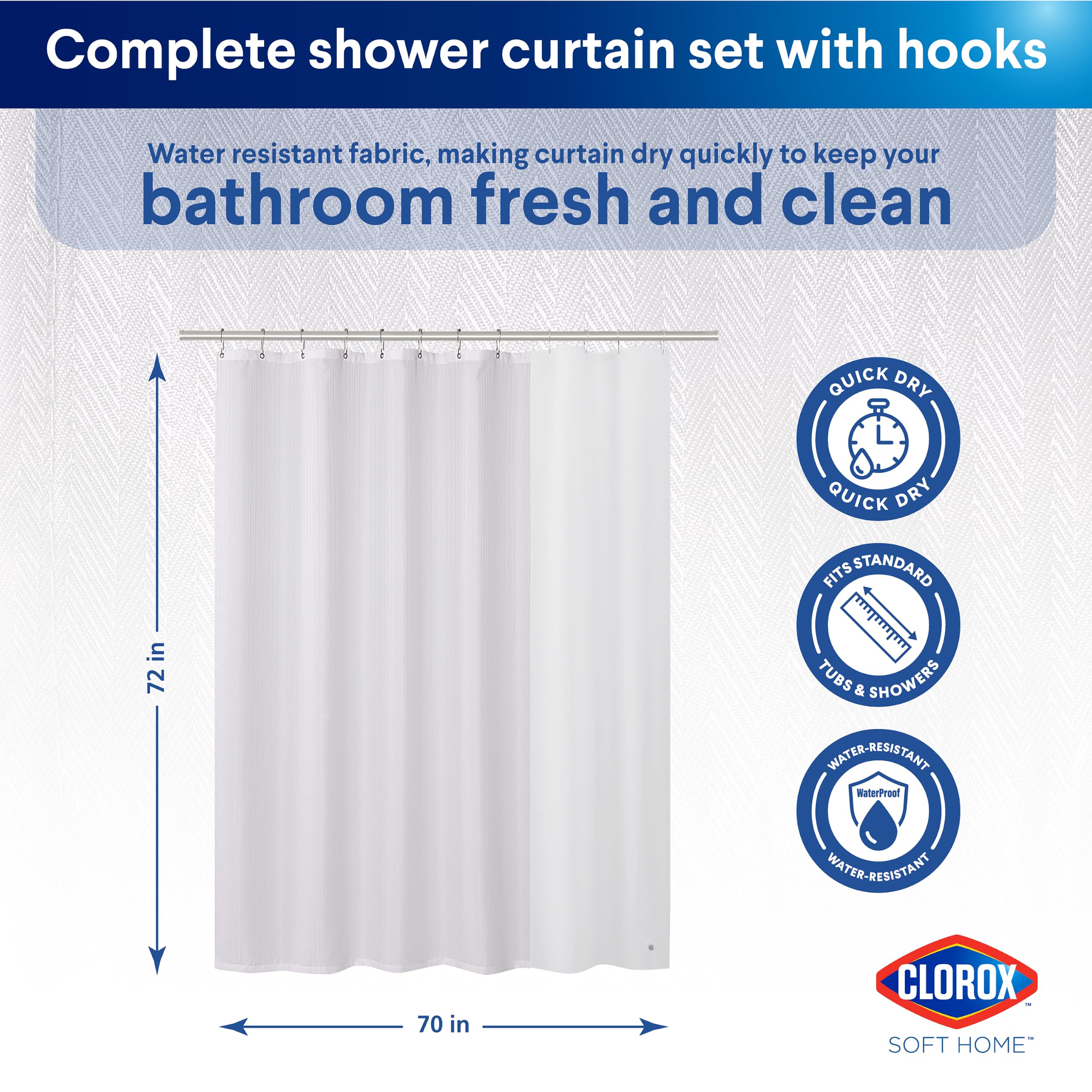 Clorox Rideau de douche 100 % polyester avec doublure imperméable en PEVA et 12 crochets métalliques (blanc)