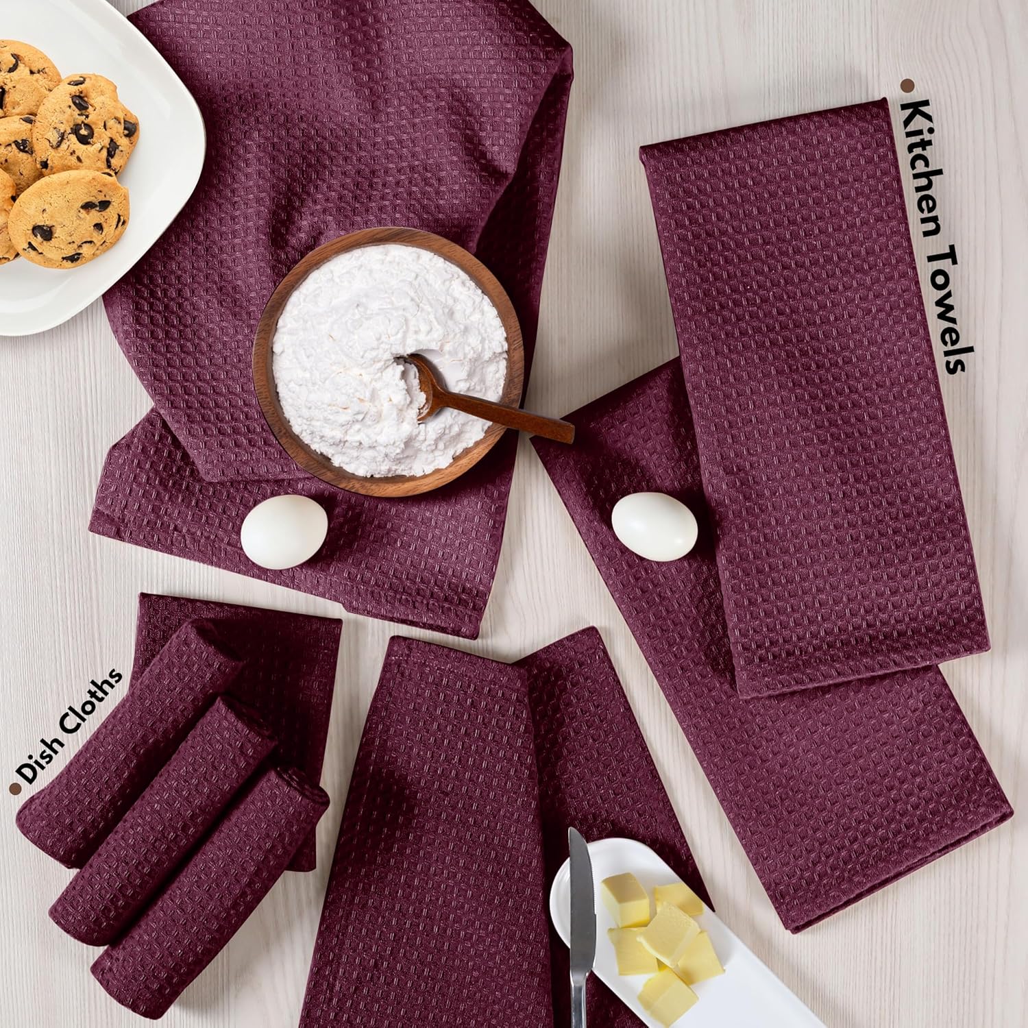 Native Fab Kitchen Towels & Dish Cloth Set, 100% Cotton, 8 Piece, Absorbent, Durable, Washable, Quick Drying Towel for Cleaning, Cooking, Baking - Ideal for Home, Bars & Everyday Use - Burgundy Wine - Image 3