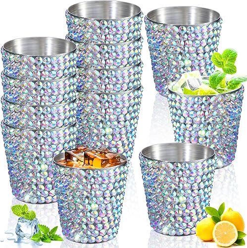 Tioncy Paquete de 12 vasos de chupito de acero inoxidable con diamantes de imitación de 1 onza, mini vaso con brillantina, vasos pequeños de metal