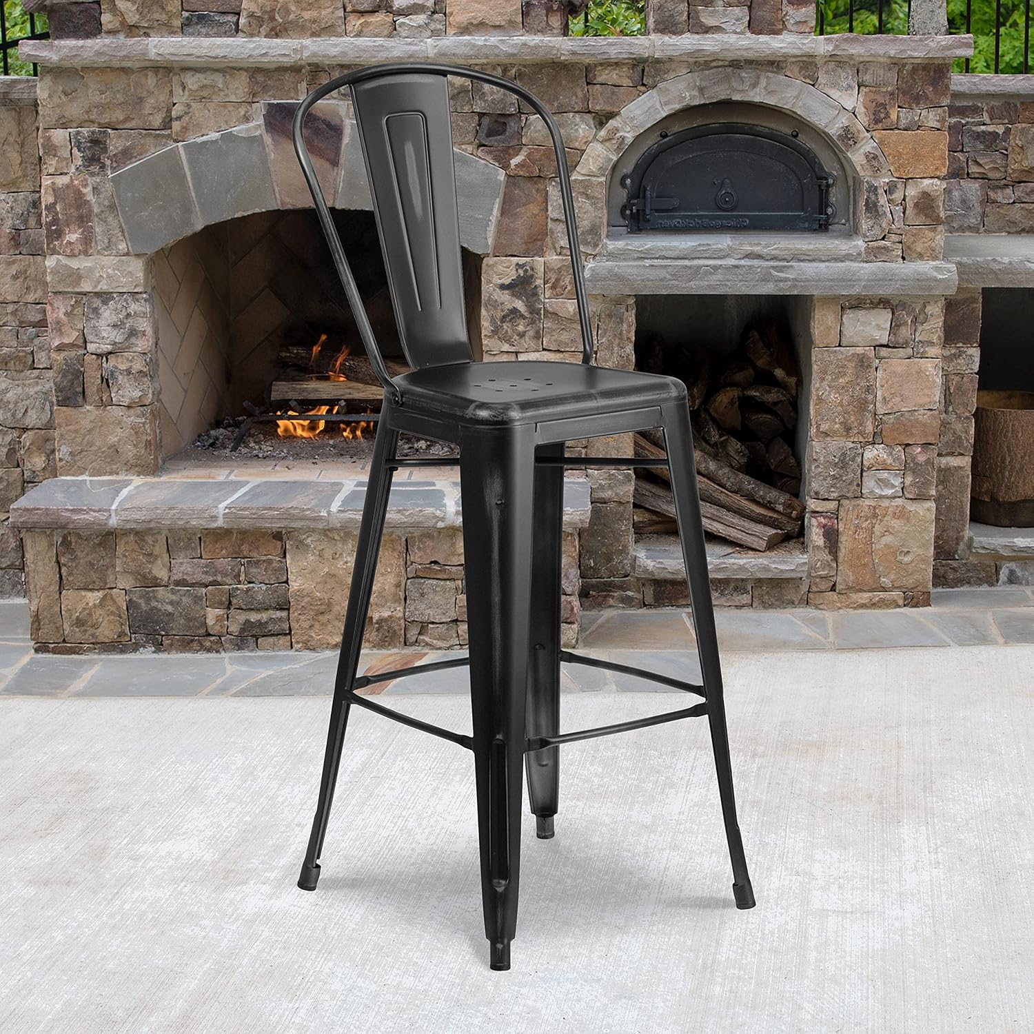 EMMA + OLIVER Commercial Grade 30 H Distressed Black Metal Indoor-Outdoor Barstool w/Back