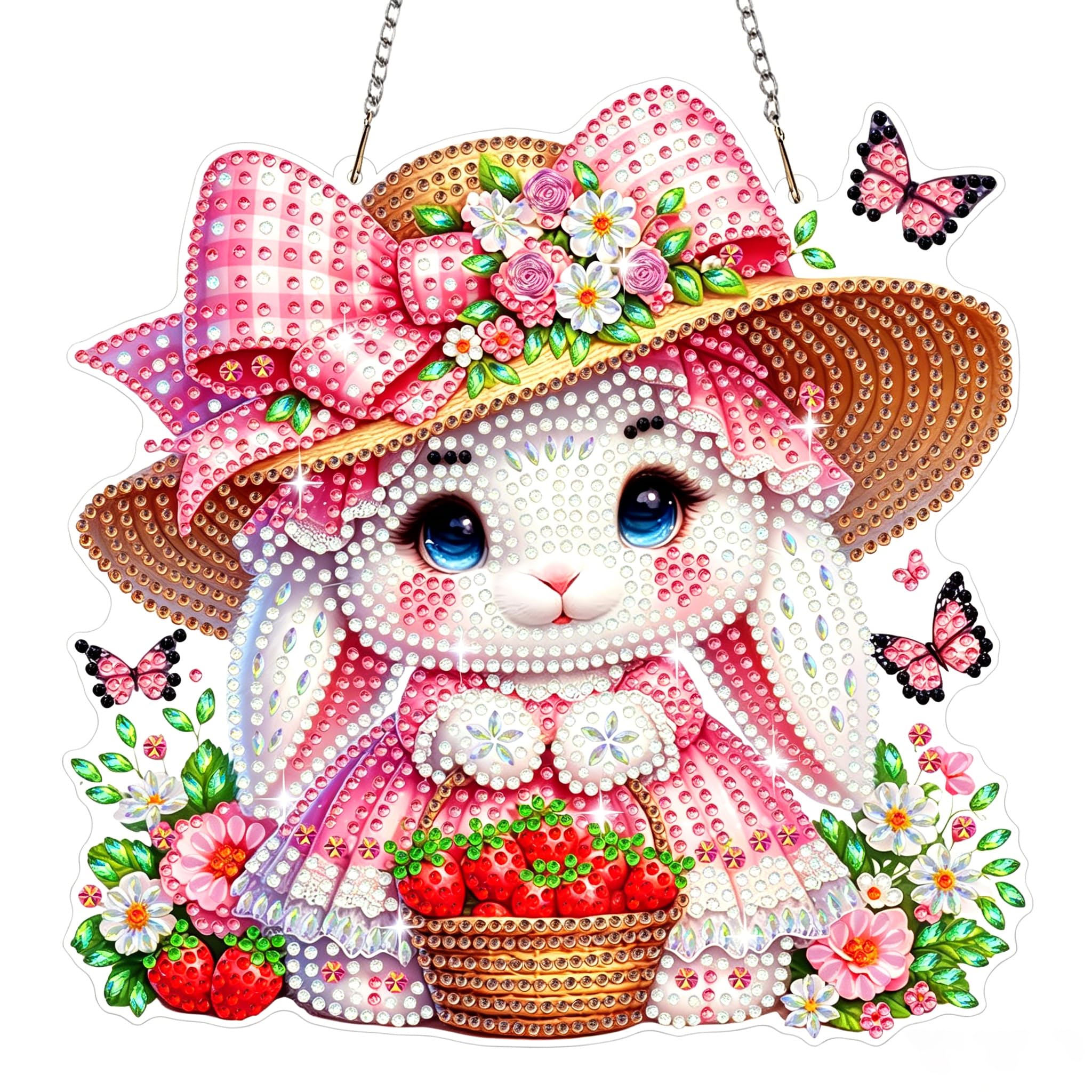 Bowetile Diamond Painting Hanging Ornament with Chain, Bunny Diamond Painting Pendant Kits for Adults Beginners Kids, Easter Strawberry Diamond Crystal Gem Arts Crafts Kit Gift for Home Wall Decor — image 1