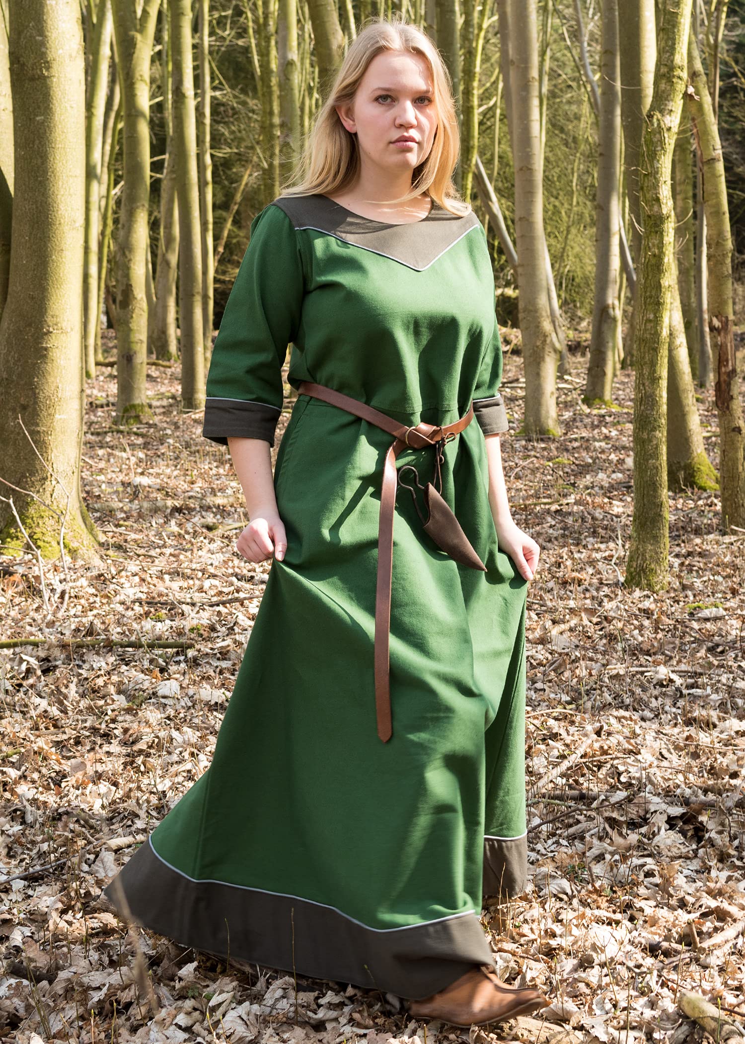 Battle-Merchant Średniowieczna sukienka damska Gesine długi | kostium Wikingów LARP | z wszytymi kieszeniami | bawełna Canvas, zielony, S