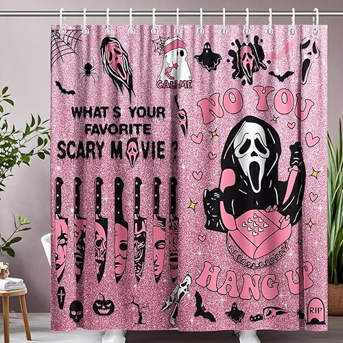 KAIRA Cortina de ducha de Halloween, 72 x 72 pulgadas con ganchos, decoración de baño con cara espeluznante y aterradora, divertida cortina de tela