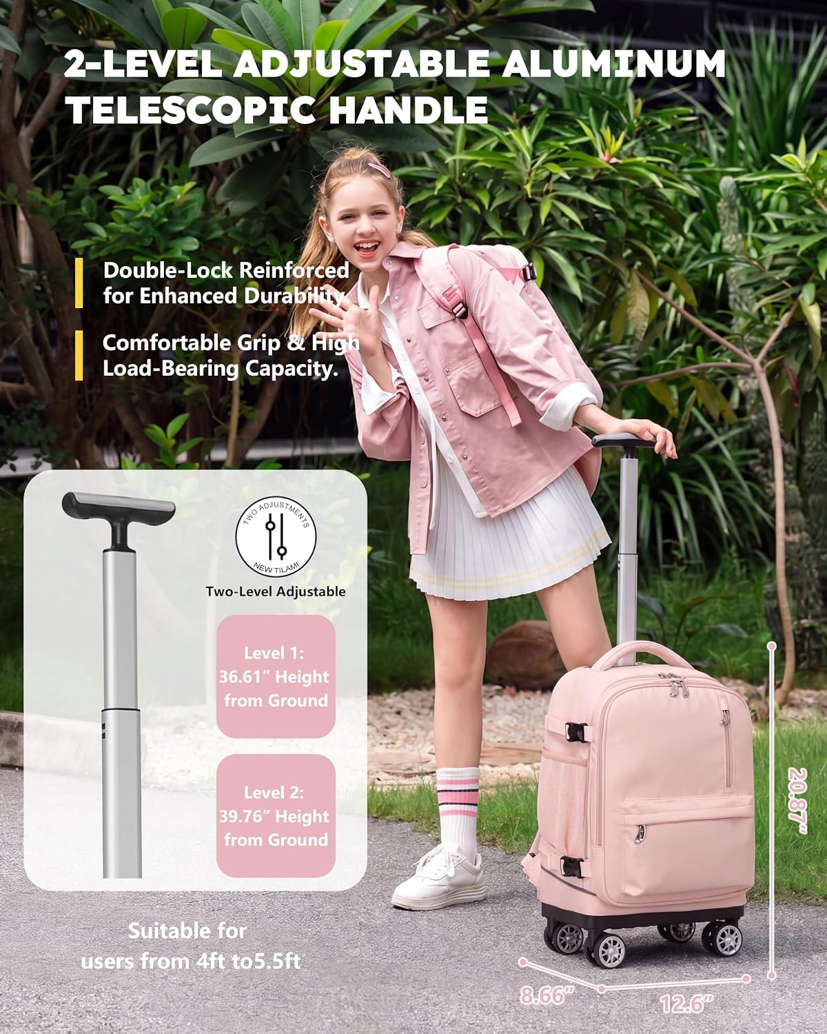 NEW TILAMI 19 Inch Rolling Backpack 4 Spinner Wheels for School, Pink image 2