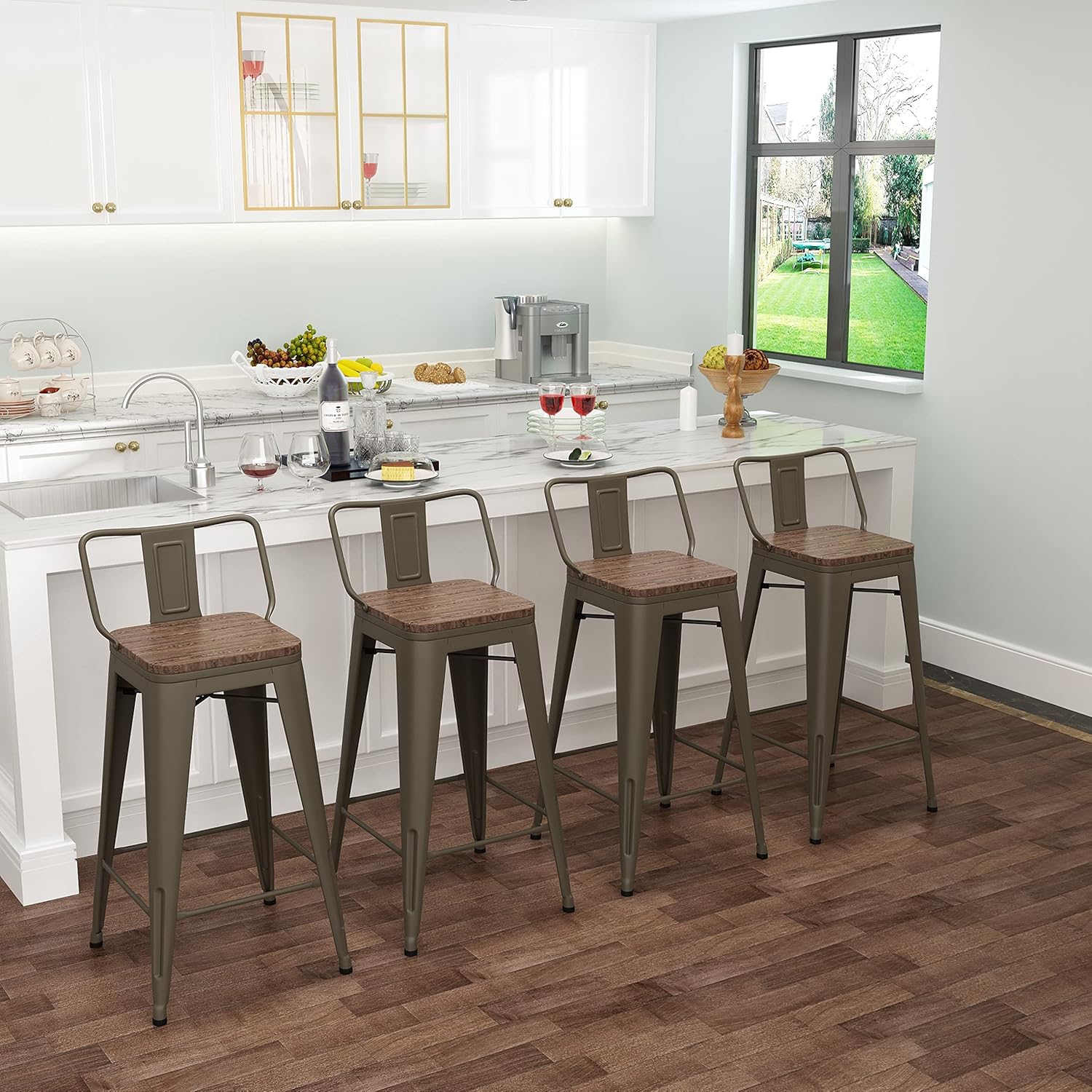 Tongli Metal Bar Stools Counter Height Stools Set of 4 Counter Height Barstools with Backs Patio Dining Chair Wooden Seat 24 inches (Rusty, Low Back)