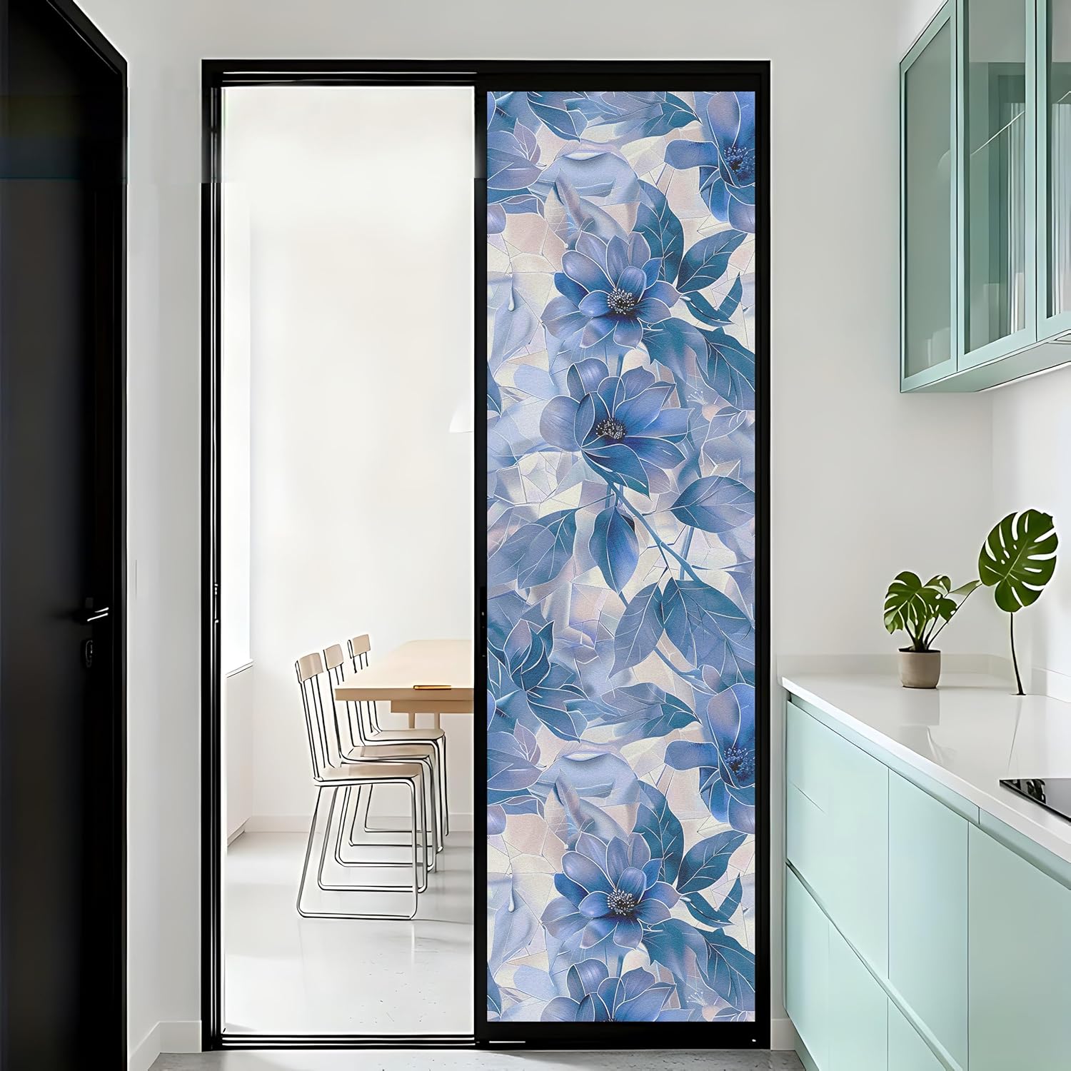 Blue Floral Privacy Window Film 17.5x78.7in Static Cling Frosted Glass Door Cover for Patio Door Bathroom Window Bedroom