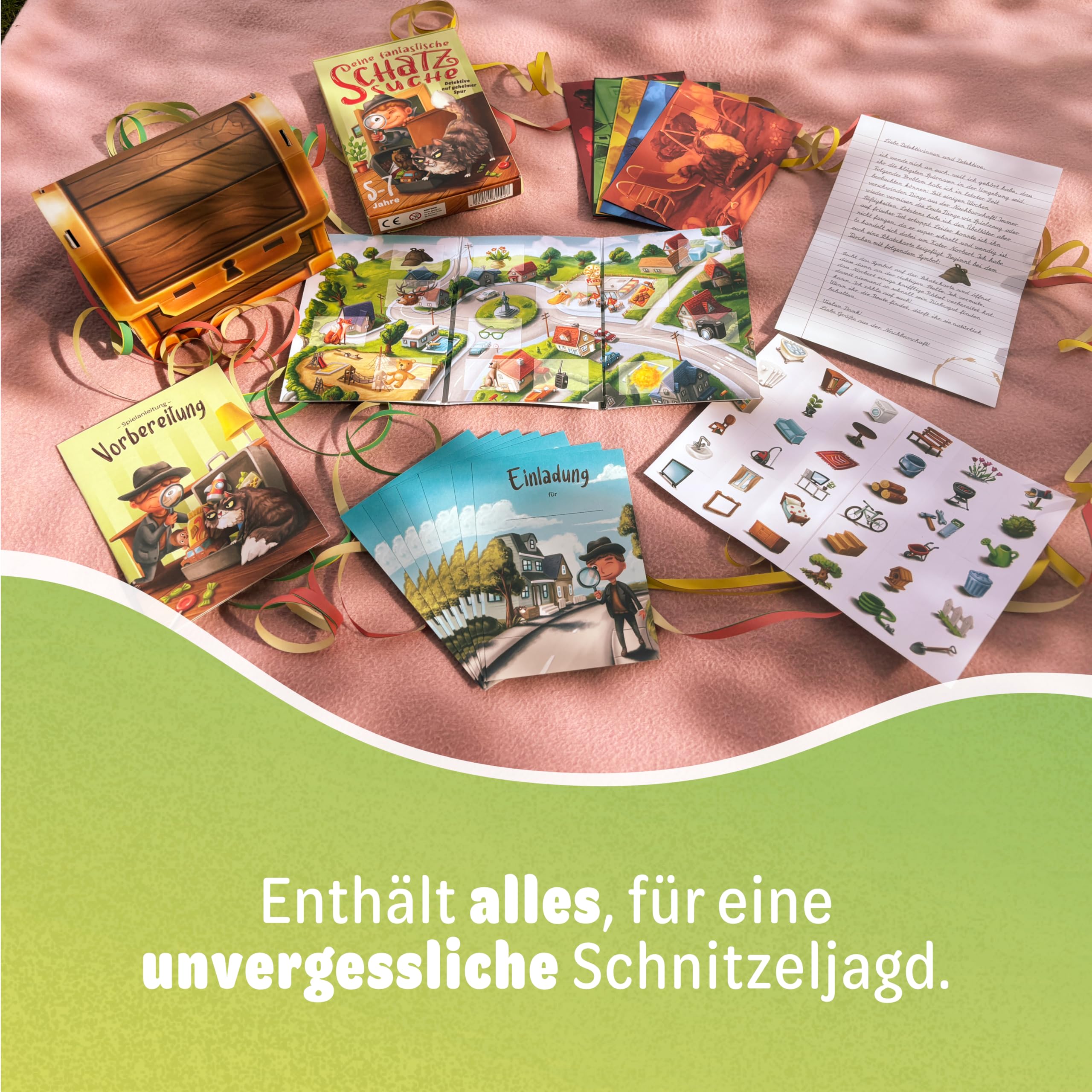 Schnitzeljagd Spiel für 1 bis 7 Kinder von 5 bis 7 Jahren – Komplettset - Kindergeburtstag Spiele - Schnitzeljagd Kinder - Detektive auf geheimer Spur