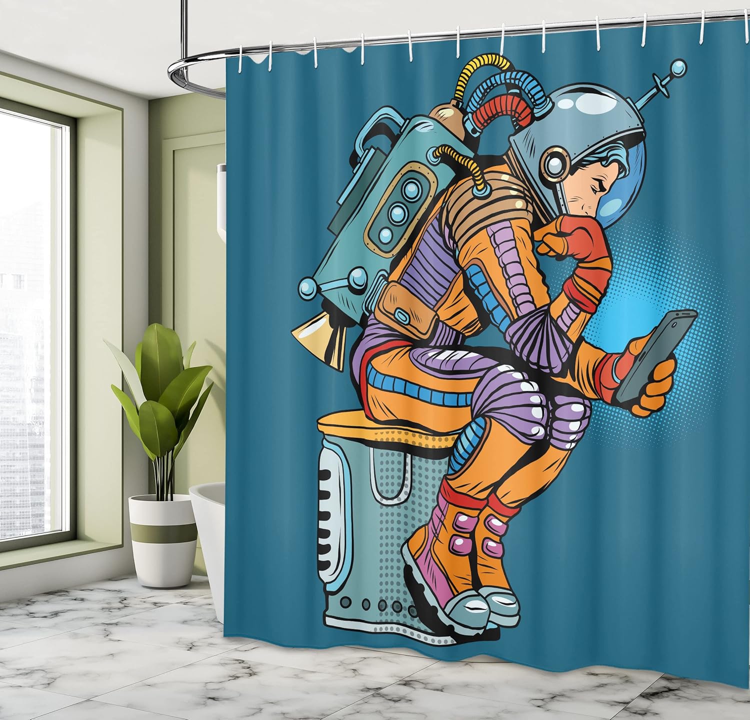 Ambesonne Outer Space Shower Curtain, Illustration of Astronaut with a Smartphone Pop Art Retro Style, Cloth Fabric Bathroom Decor Set with Hooks, 69" W x 84" L, Petrol Blue