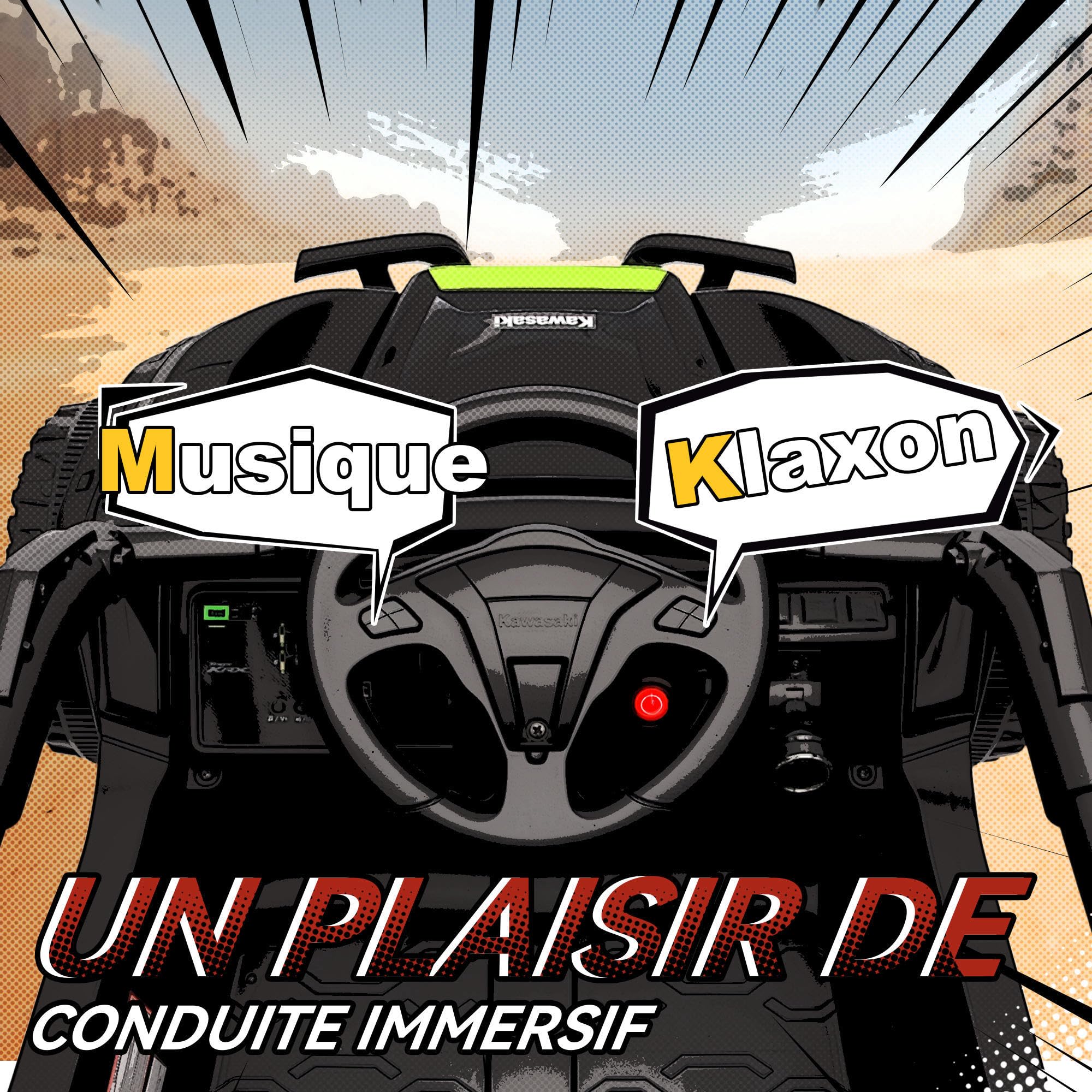 AIYAPLAY Voiture électrique Enfant UTV Kawasaki TERYX KRX 1000, Buggy électrique Enfant 12 V à 2 Moteurs 25 W avec télécommande 2,4 Ghz et Suspension arrière, phares LED, Musique et klaxon, Noir