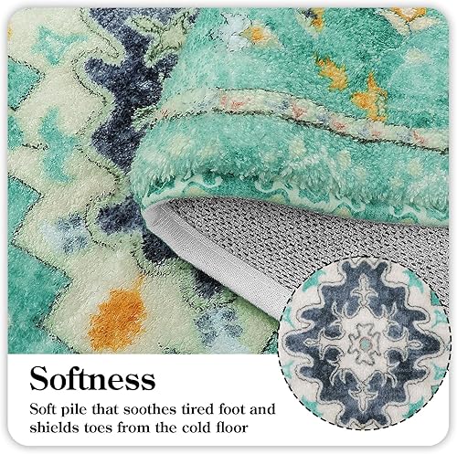Miniatura 2 de Uphome Alfombra de pasillo retro estilo bohemio, verde, antideslizante, suave, oriental lavable a máquina, alfombra tradicional tribal floral para