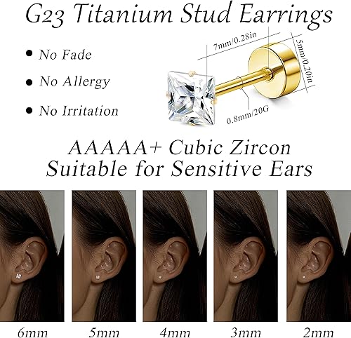 Vista 4 de MILACOLATO 5 PACK Titanium Stud Earrings for Women Men Hypoallergenic Titanium Post Stud Earrings Flatback Cubic Zirconia 20G Tragus Cartilage