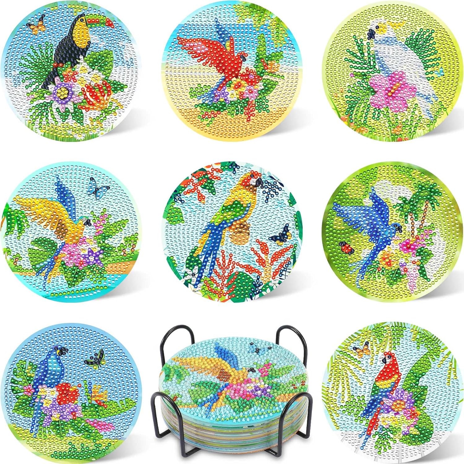 UPINS 8Pcs Tropical Birds Diamond Painting Coasters for