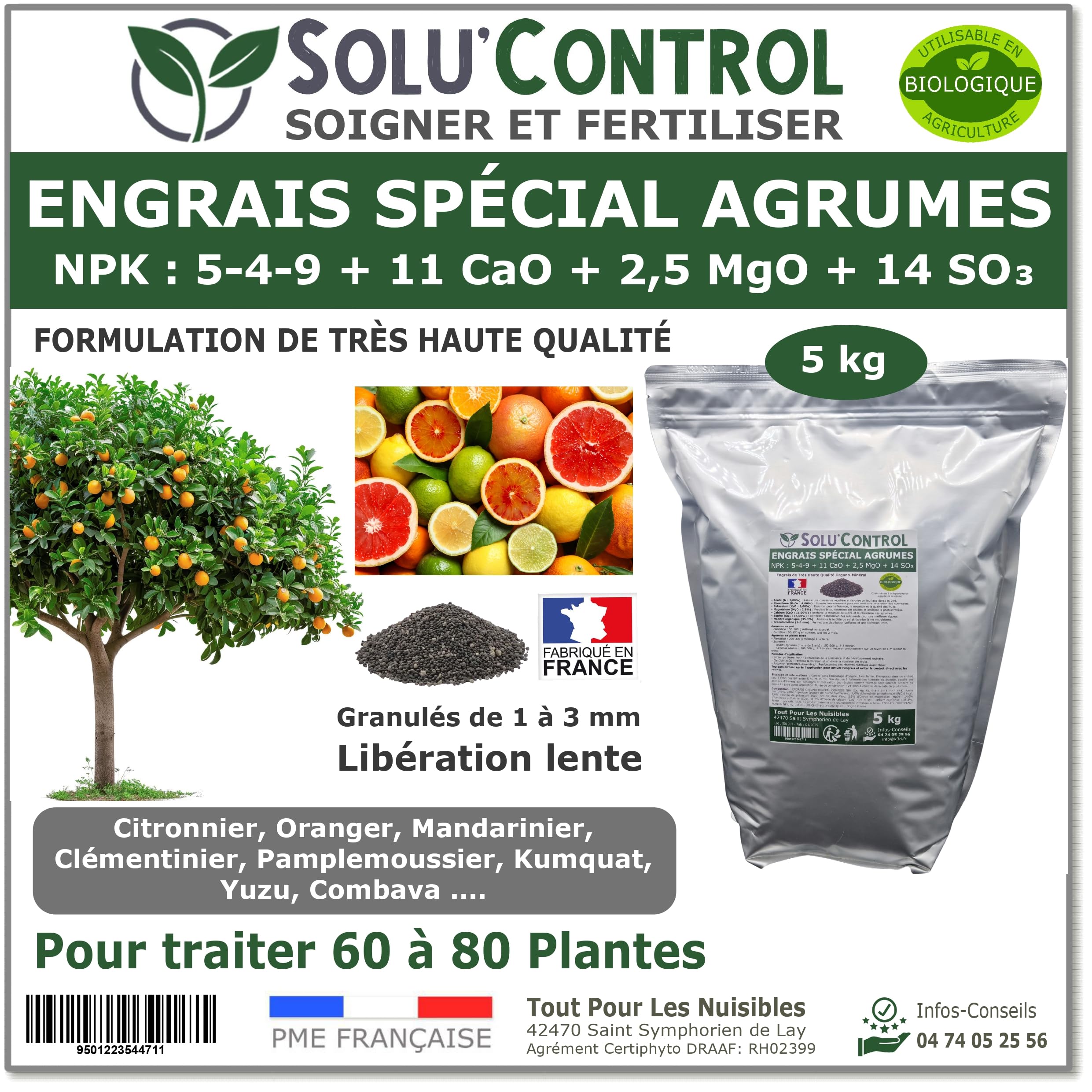 Engrais Spécial Agrumes 5 kg - SoluControl - Formulation haute qualité Organo-Minerale - Citronnier, Oranger, Mandarinier, Clémentinier, Pamplemoussier, Kumquat, Yuzu, Combava ...