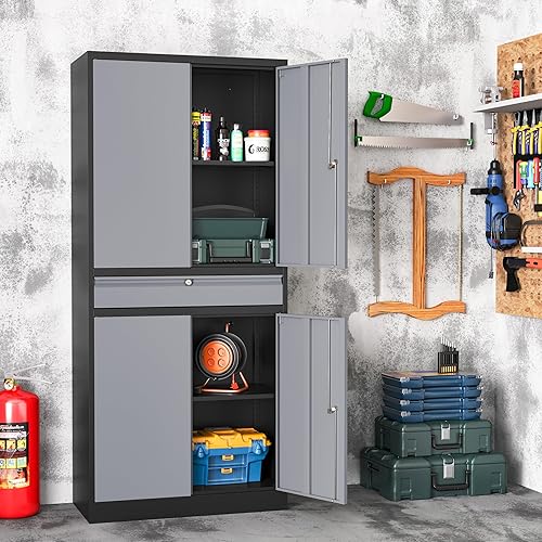 Miniatura 7 de LISSIMO Armario de almacenamiento de metal para garaje con cajón, gabinete de almacenamiento de garaje de 71 pulgadas con estantes ajustables y 4